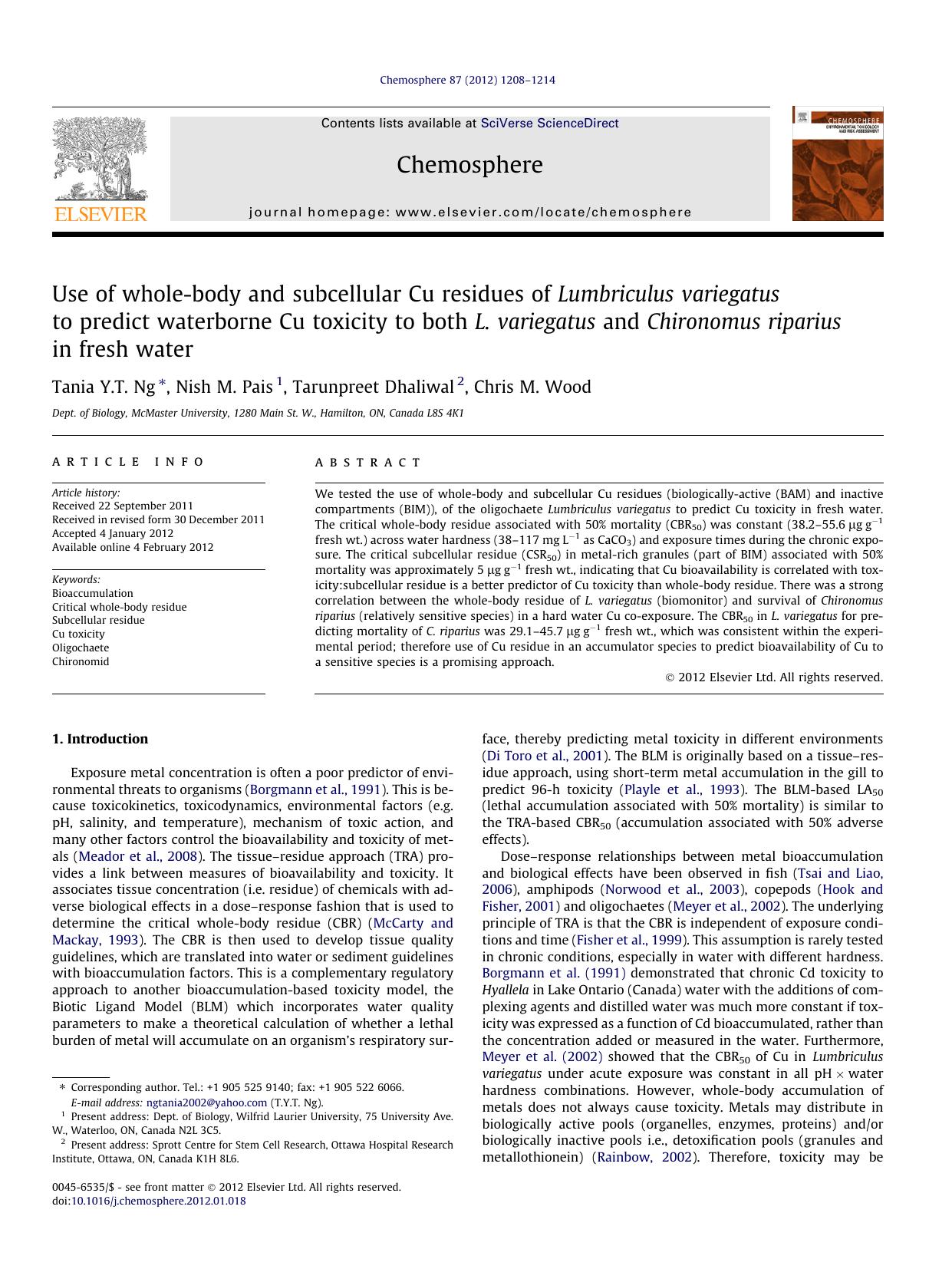 Use of whole-body and subcellular Cu residues of Lumbriculus variegatus to predict waterborne Cu toxicity to both L. variegatus and Chironomus riparius in fresh water by Tania Y.T. Ng & Nish M. Pais & Tarunpreet Dhaliwal & Chris M. Wood