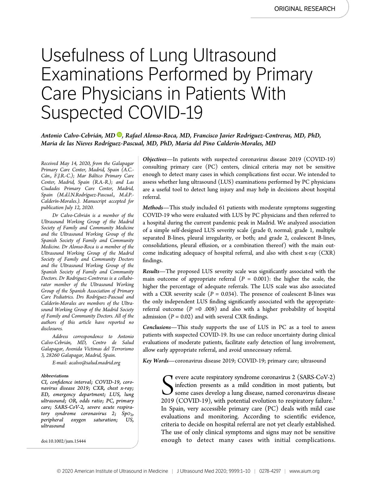 Usefulness of Lung Ultrasound Examinations Performed by Primary Care Physicians in Patients With Suspected COVIDâ19 by Unknown