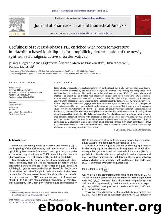 Usefulness of reversed-phase HPLC enriched with room temperature imidazolium based ionic liquids for lipophilicity determination of the newly synthesized analgesic active urea derivatives by Jolanta Flieger