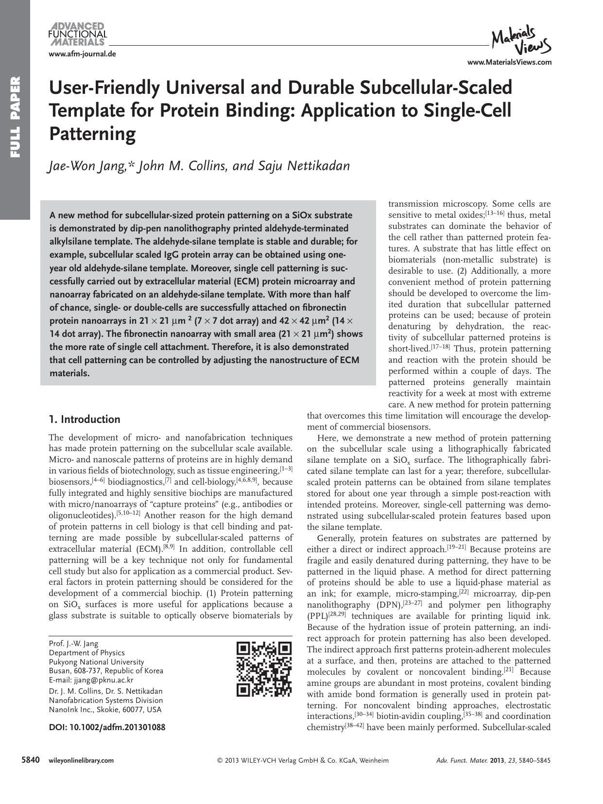 UserFriendly Universal and Durable SubcellularScaled Template for Protein Binding: Application to SingleCell Patterning by s-w-270