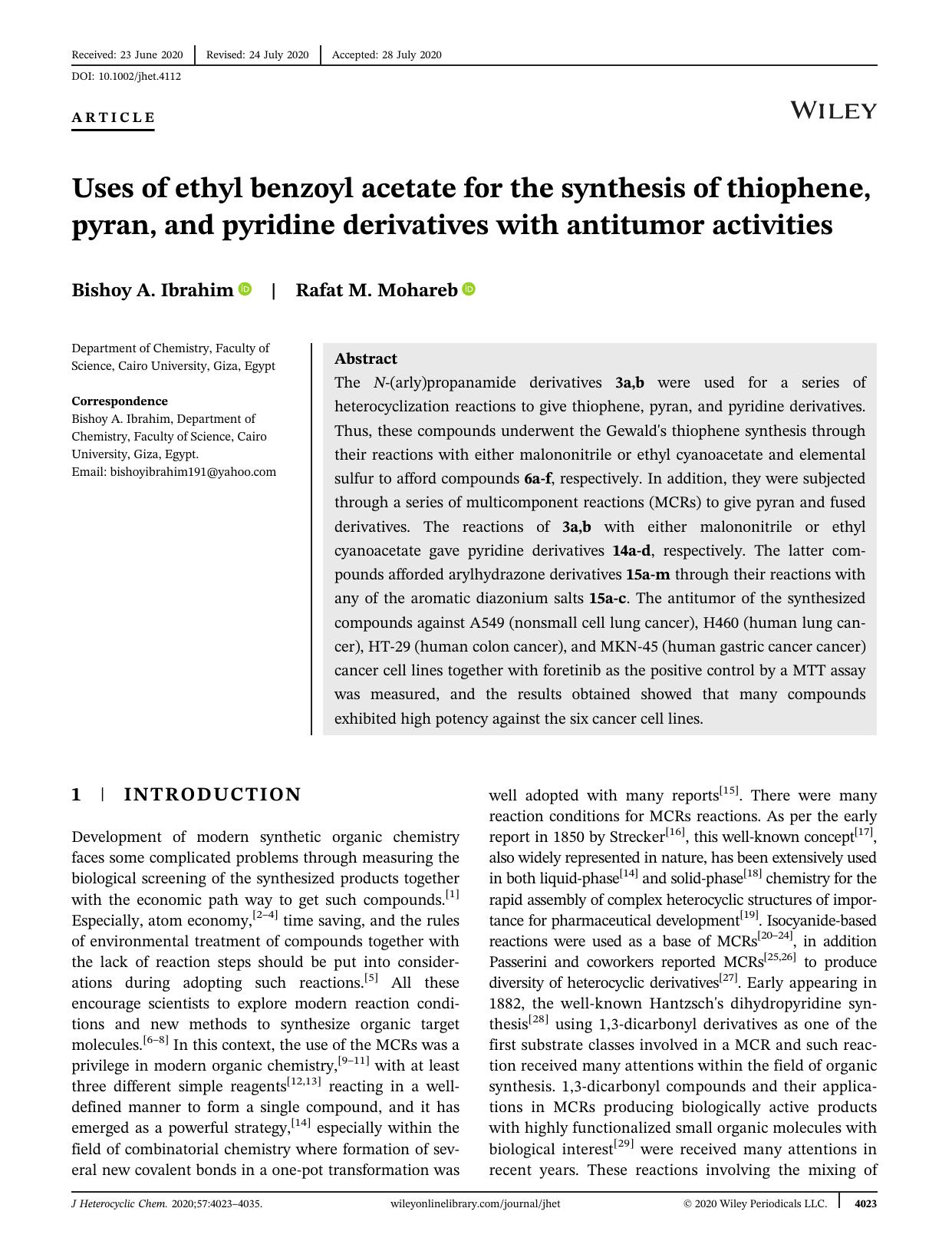 Uses of ethyl benzoyl acetate for the synthesis of thiophene, pyran and pyridine derivatives with anti-tumor activities by Unknown