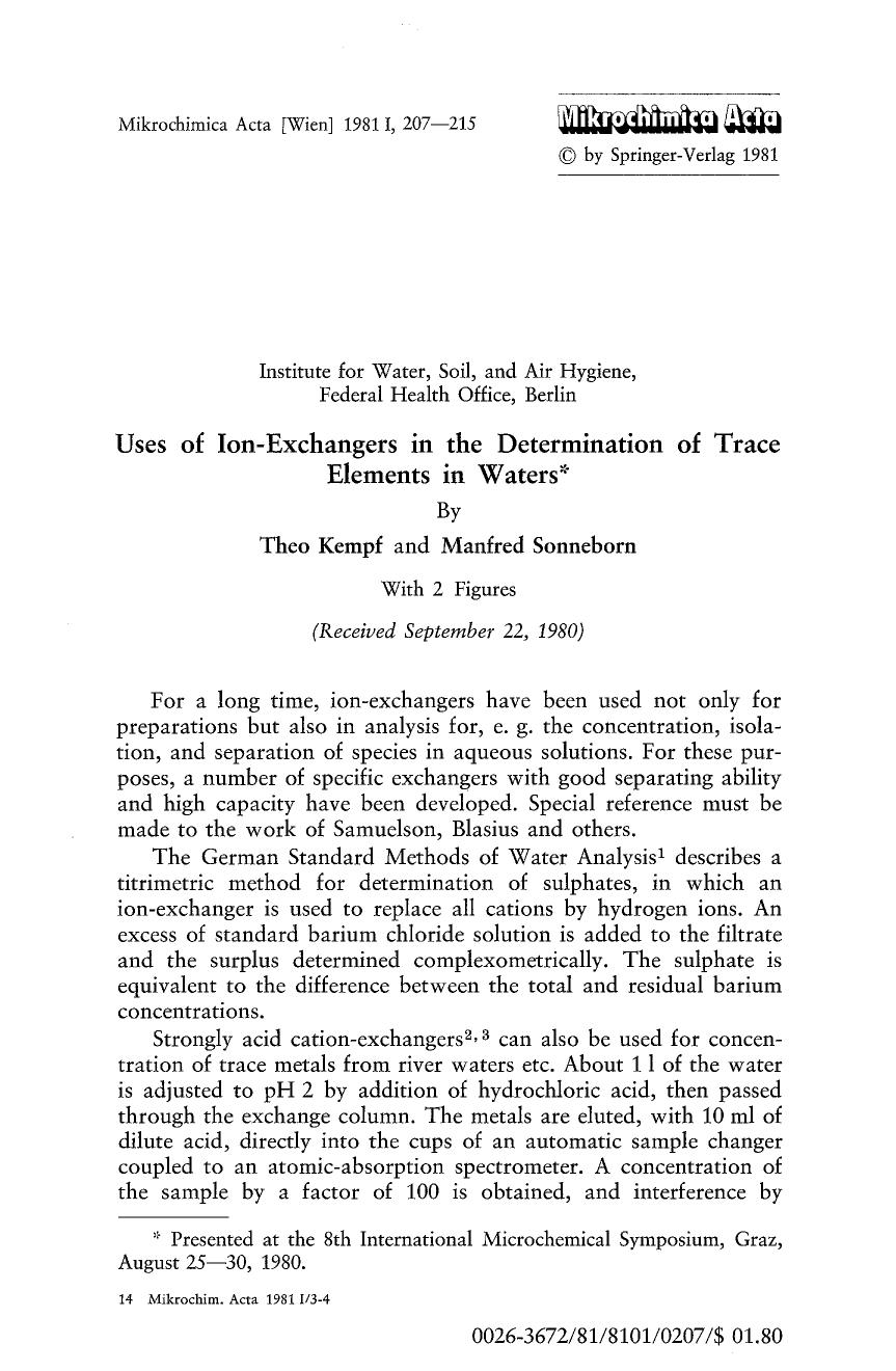 Uses of ion-exchangers in the determination of trace elements in waters by Unknown