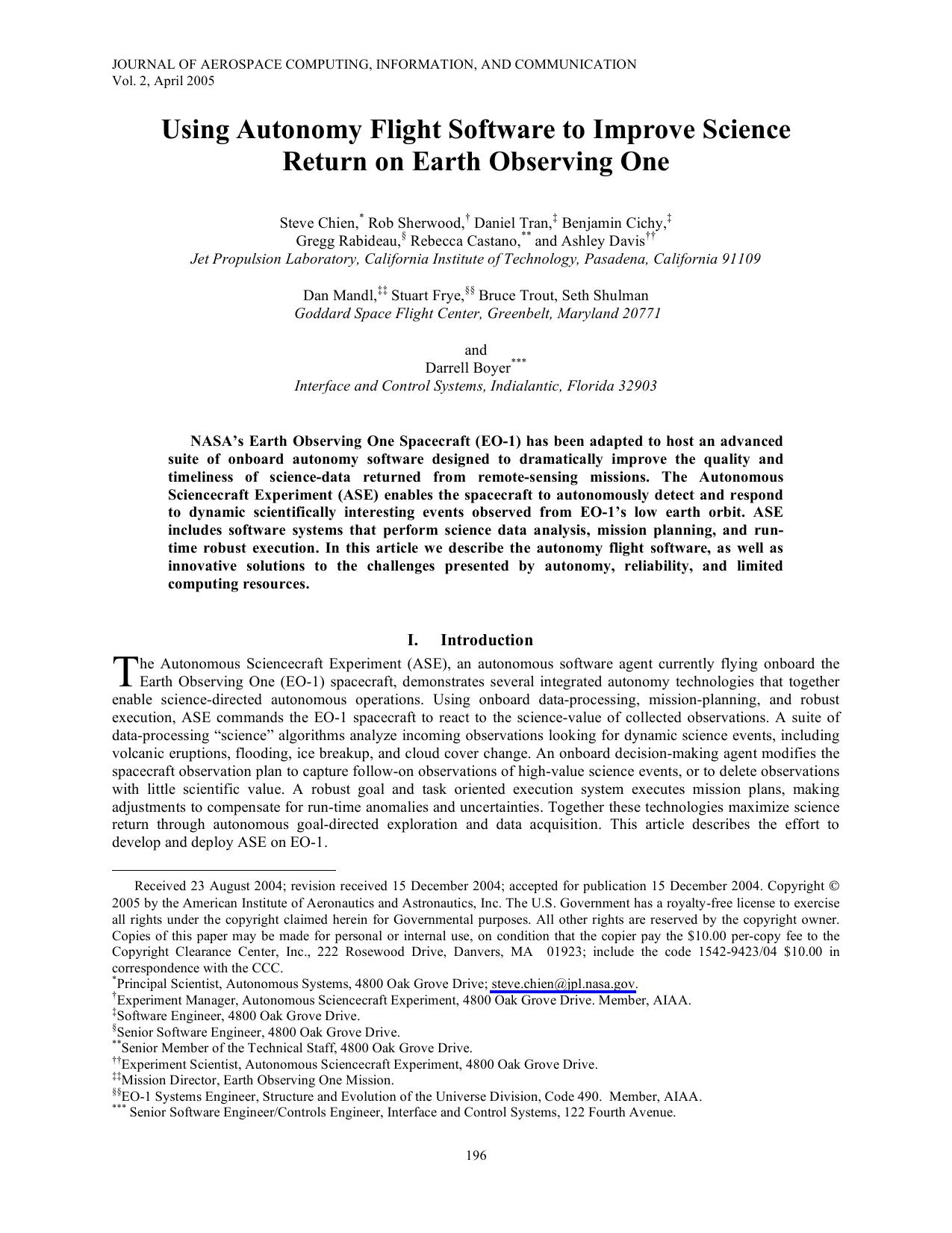 Using Autonomy Flight Software to Improve Science Return to Earth Observing One by Chien et al