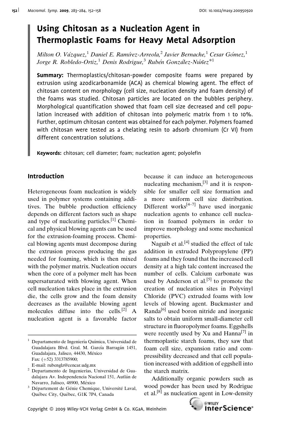 Using Chitosan as a Nucleation Agent in Thermoplastic Foams for Heavy Metal Adsorption by Unknown
