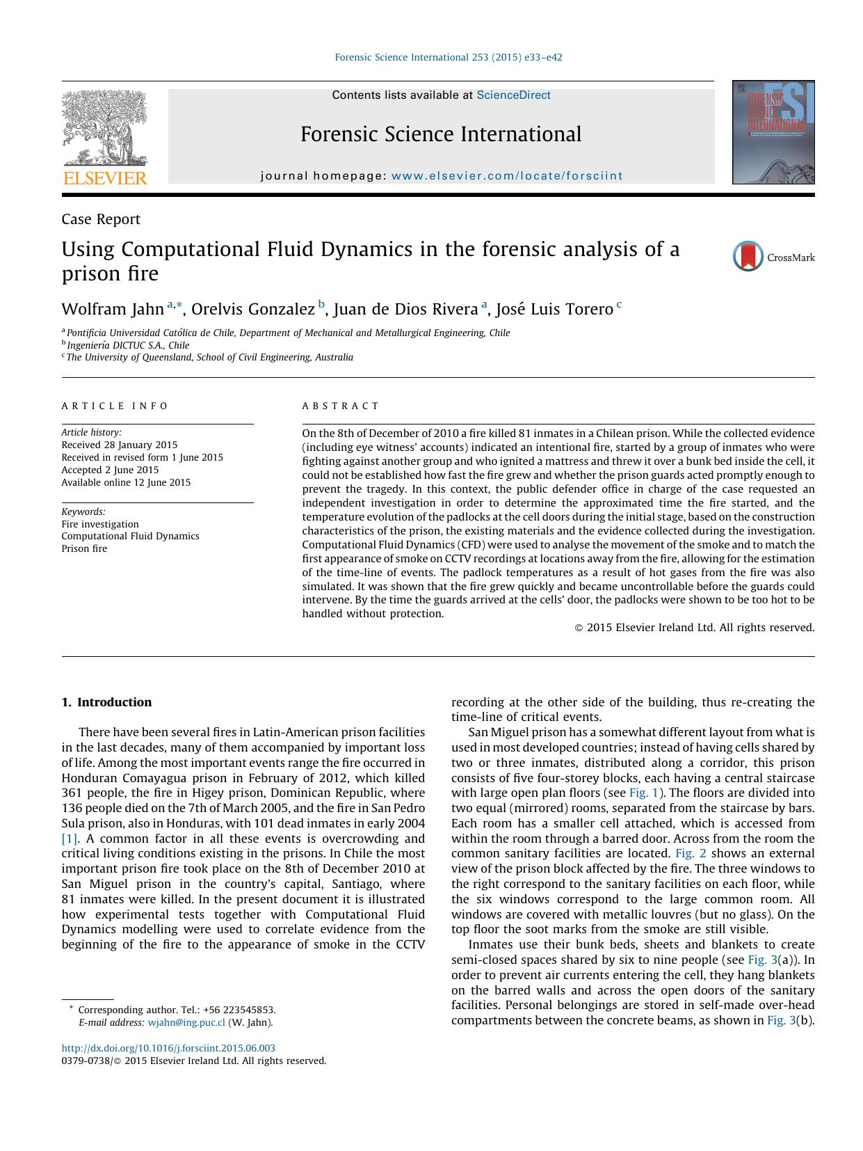 Using Computational Fluid Dynamics in the forensic analysis of a prison fire by Wolfram Jahn & Orelvis Gonzalez & Juan de Dios Rivera & José Luis Torero