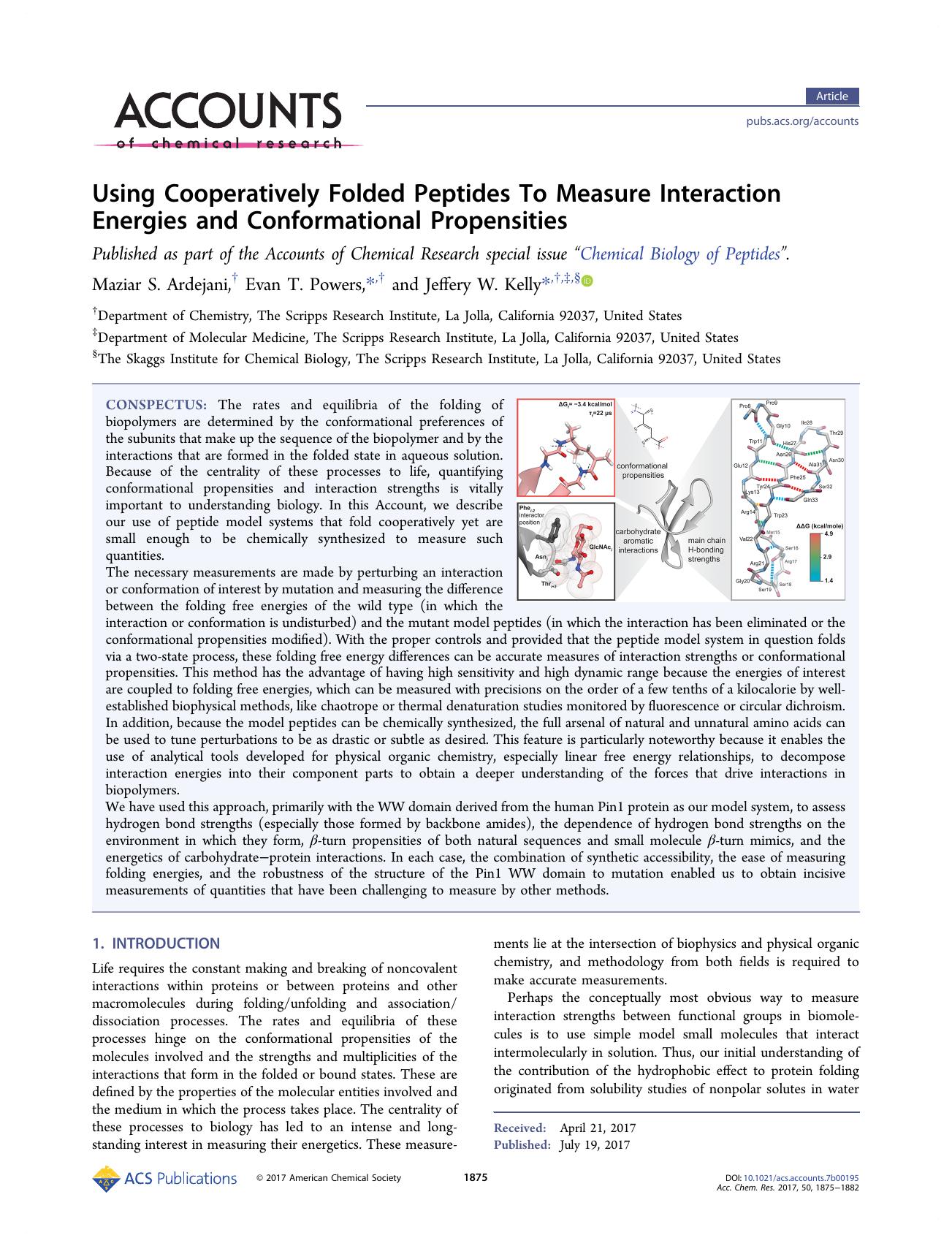 Using Cooperatively Folded Peptides To Measure Interaction Energies and Conformational Propensities by Maziar S. Ardejani Evan T. Powers & Jeffery W. Kelly