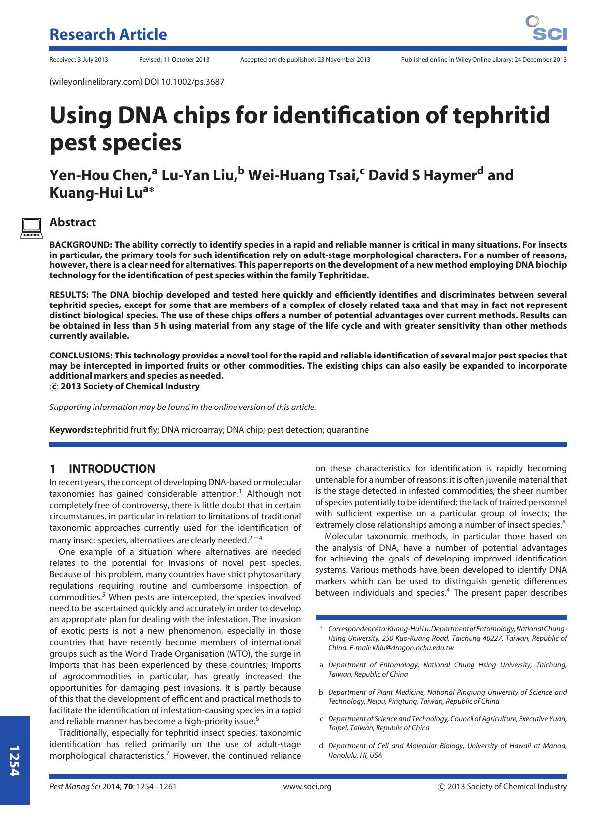 Using DNA chips for identification of tephritid pest species by Unknown