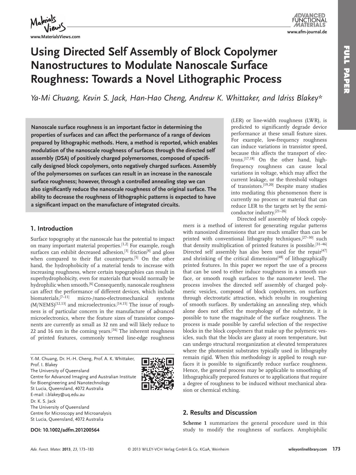 Using Directed Self Assembly of Block Copolymer Nanostructures to Modulate Nanoscale Surface Roughness: Towards a Novel Lithographic Process by vng
