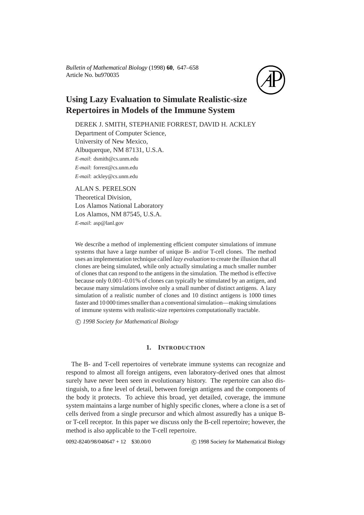 Using Lazy Evaluation to Simulate Realistic-size Repertoires in Models of the Immune System by SMITH D. J. et al