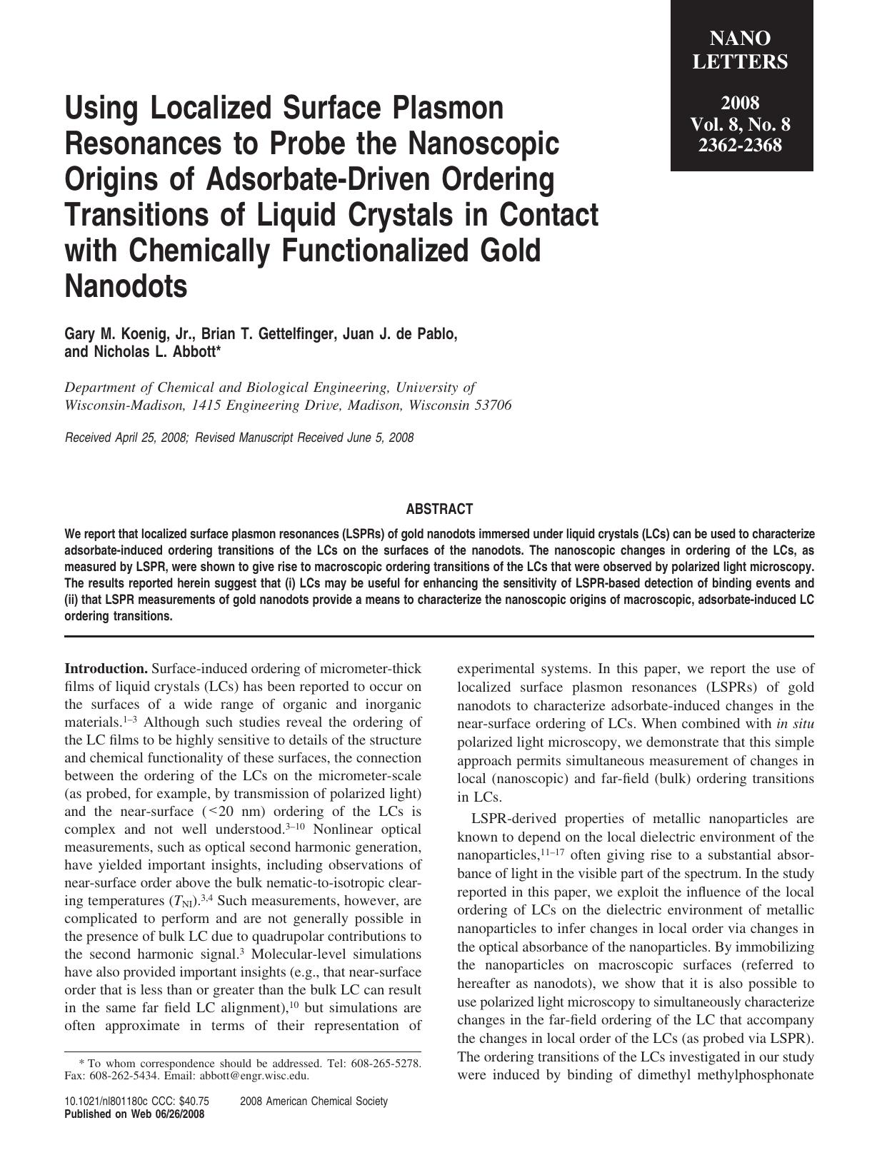 Using Localized Surface Plasmon Resonances to Probe the Nanoscopic Origins of Adsorbate-Driven Ordering Transitions of Liquid Crystals by Unknown