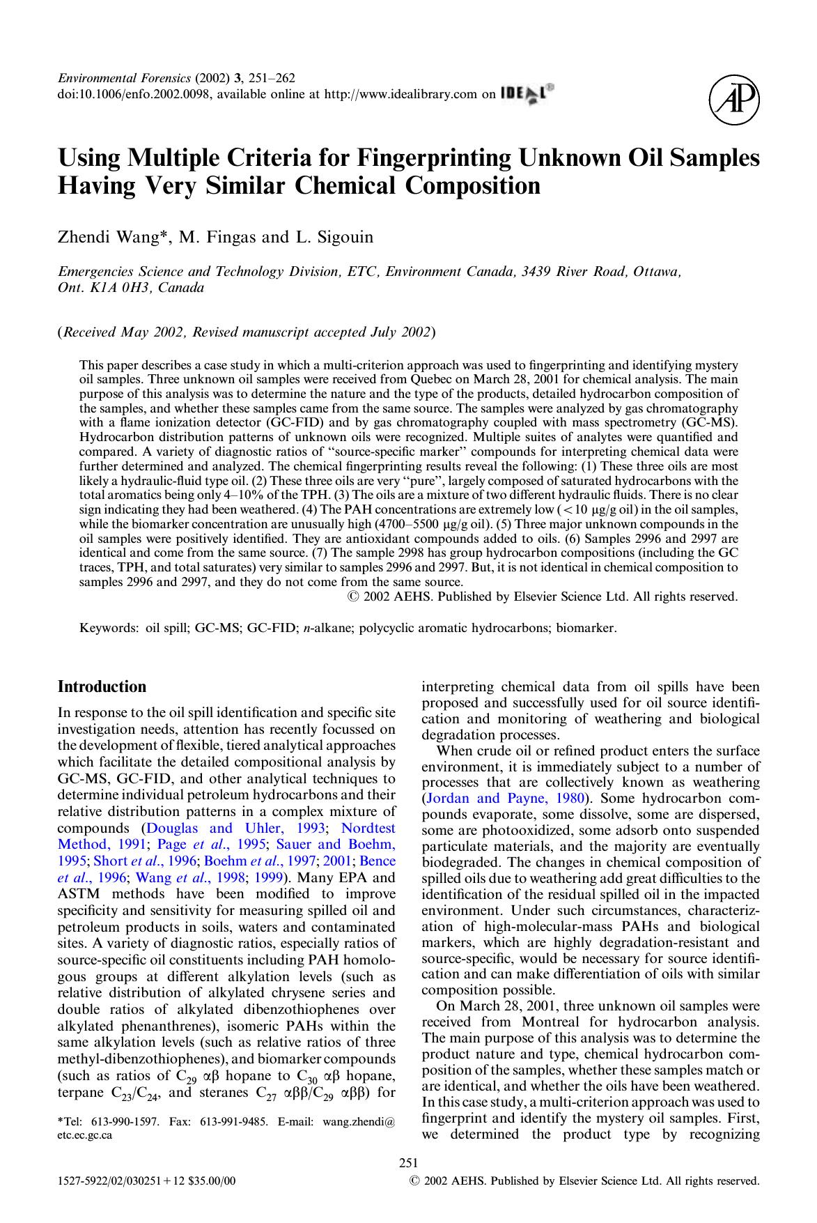 Using Multiple Criteria for Fingerprinting Unknown Oil Samples Having Very Similar Chemical Composition by Wang Z. et al