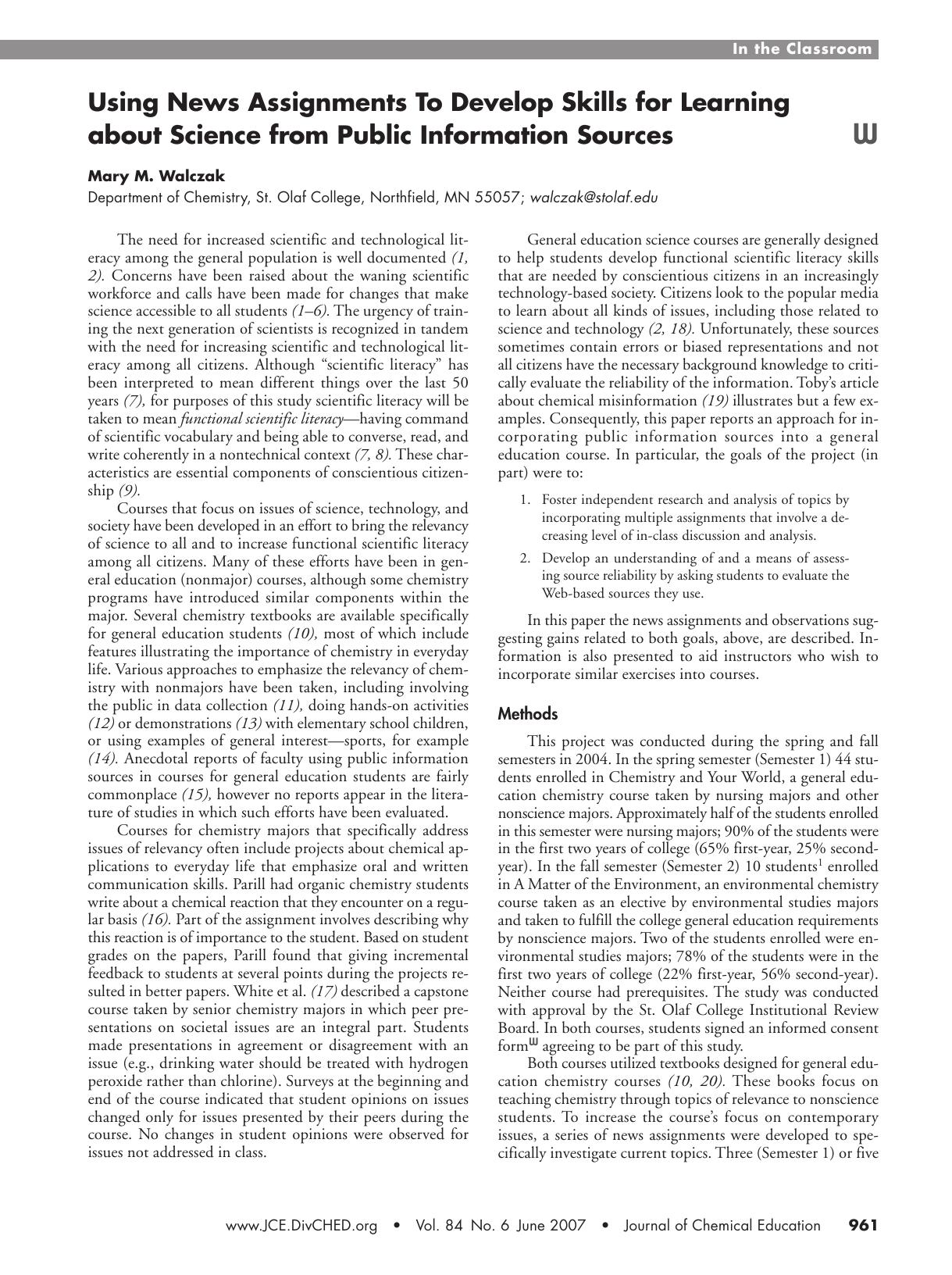 Using News Assignments To Develop Skills for Learning about Science from Public Information Sources by Mary M. Walczak