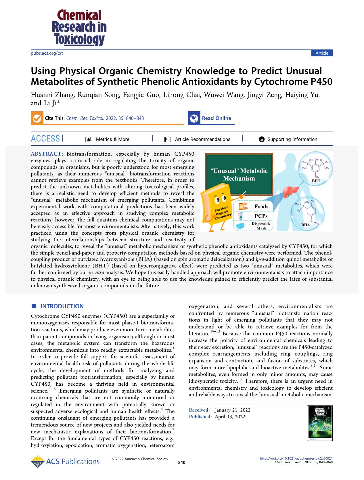 Using Physical Organic Chemistry Knowledge to Predict Unusual Metabolites of Synthetic Phenolic Antioxidants by Cytochrome P450 by Huanni Zhang Runqian Song Fangjie Guo Lihong Chai Wuwei Wang Jingyi Zeng Haiying Yu and Li Ji