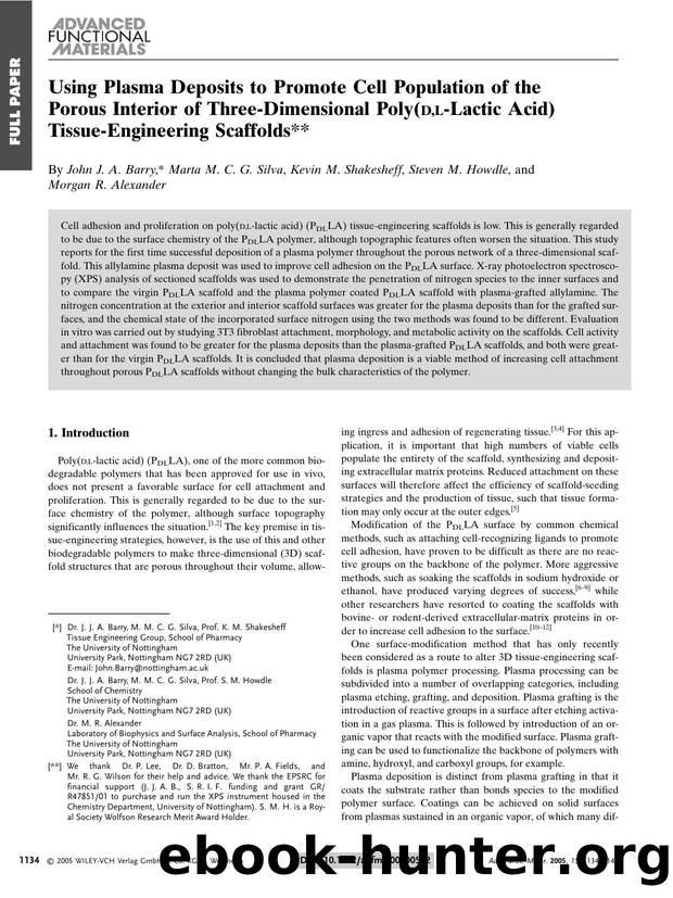 Using Plasma Deposits to Promote Cell Population of the Porous Interior of Three-Dimensional Poly(D,L-Lactic Acid) Tissue-Engineering Scaffolds by Unknown