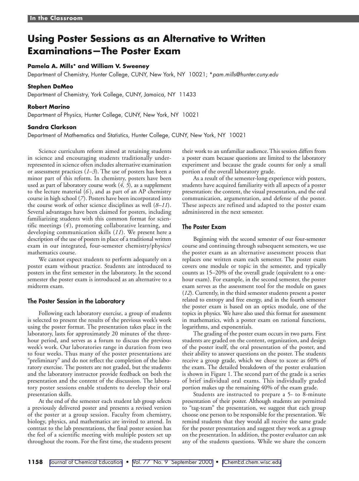 Using Poster Sessions as an Alternative to Written ExaminationsÃThe Poster Exam by Pamela Mills Stephen DeMeo William V. Sweeney Robert Marino & Sandra Clarkson