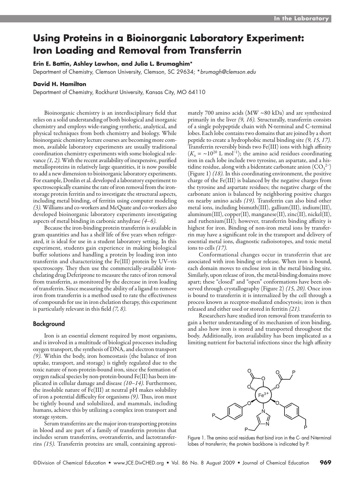Using Proteins in a Bioinorganic Laboratory Experiment: Iron Loading and Removal from Transferrin by Erin E. Battin Ashley Lawhon David H. Hamilton and Julia L. Brumaghim