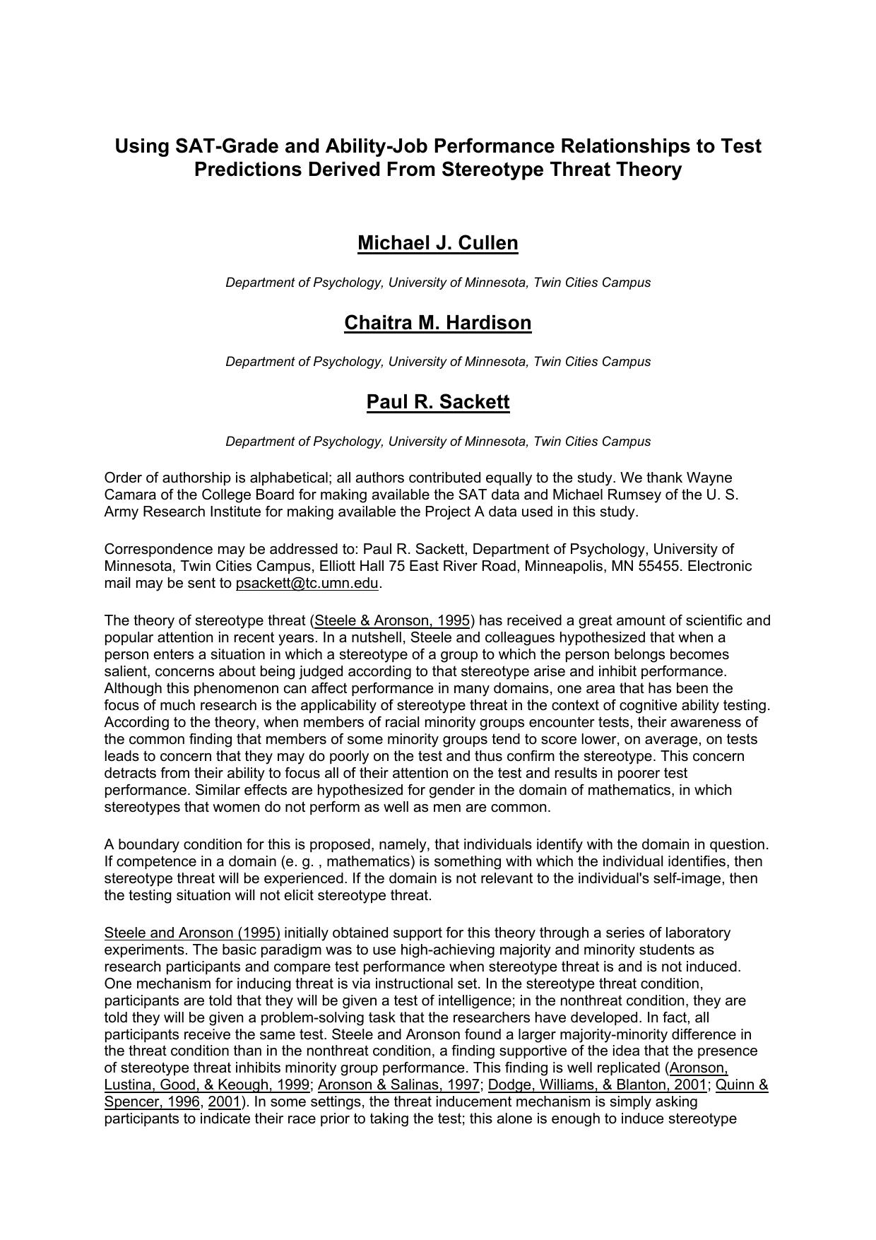 Using SAT-Grade and Ability-Job Performance Relationships to Test Predictions Derived From Stereotype Threat Theory by Neumann