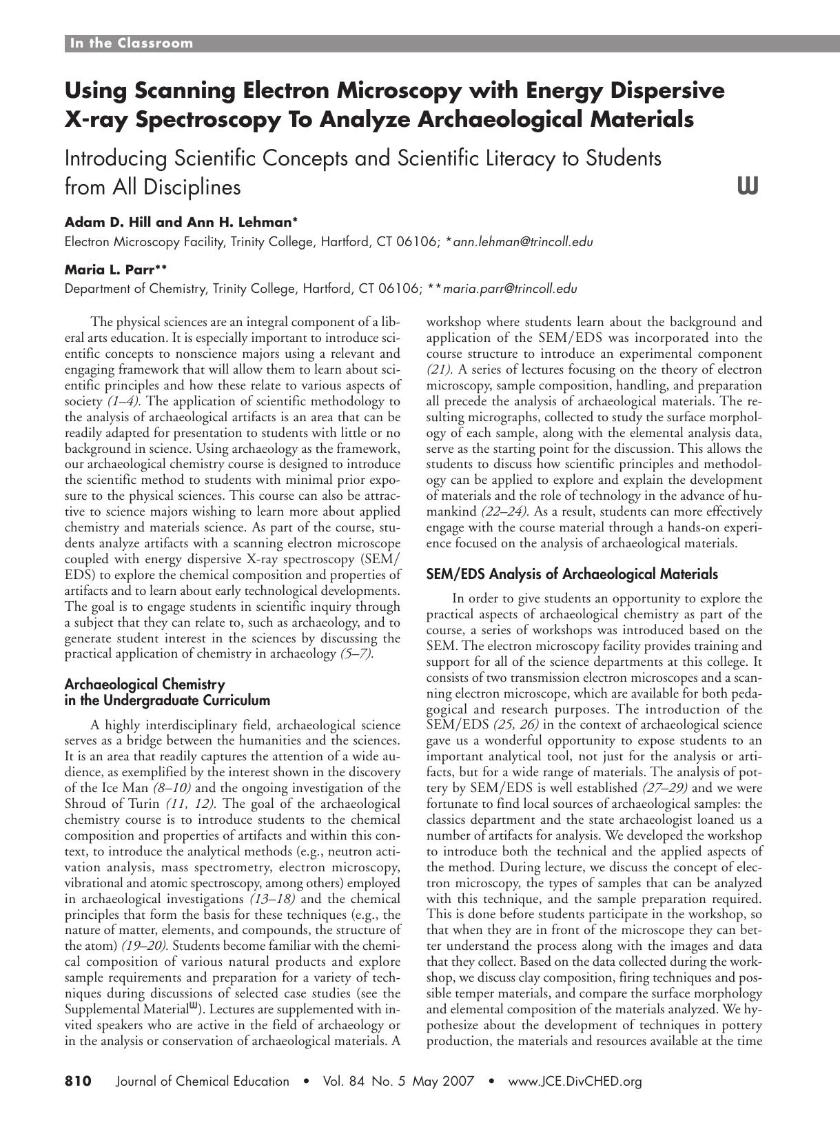 Using Scanning Electron Microscopy with Energy Dispersive X-ray Spectroscopy To Analyze Archaeological Materials. Introducing Scientific Concepts and Scientific Literacy to Student by Adam Hill Ann Lehman and Maria Parr