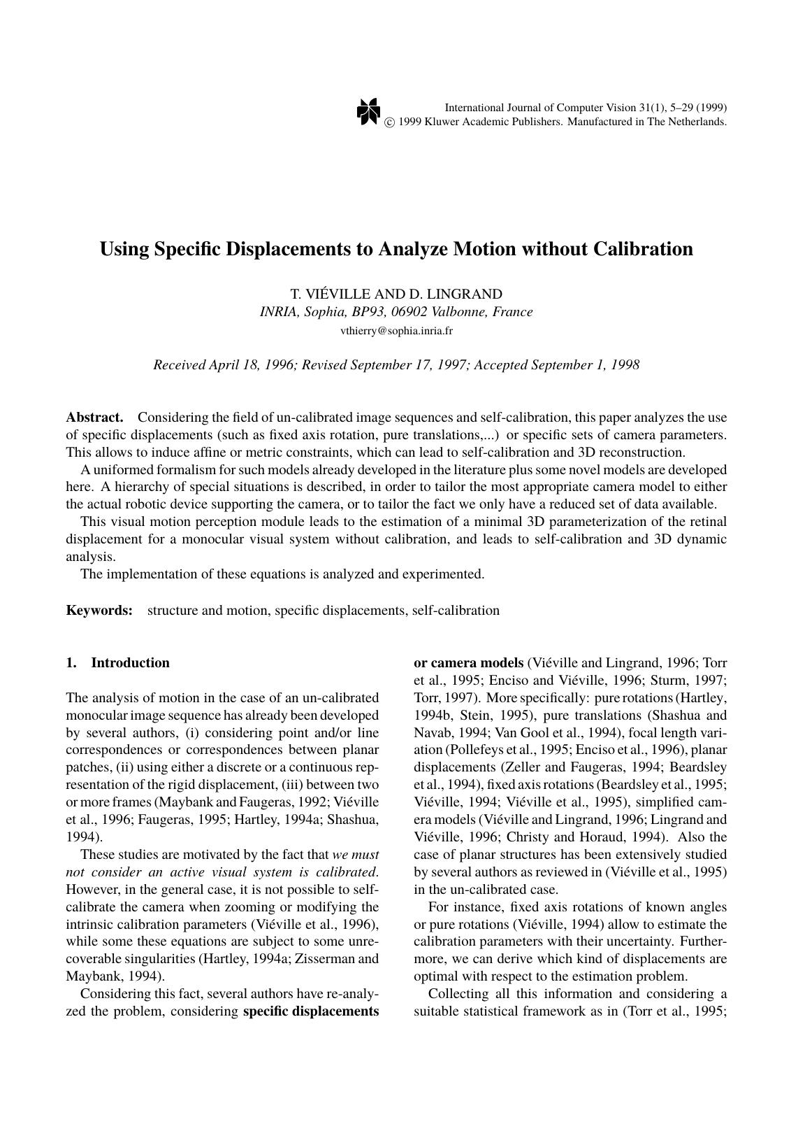Using Specific Displacements to Analyze Motion without Calibration by Using Specific Displacements to Analyze Motion without Calibration