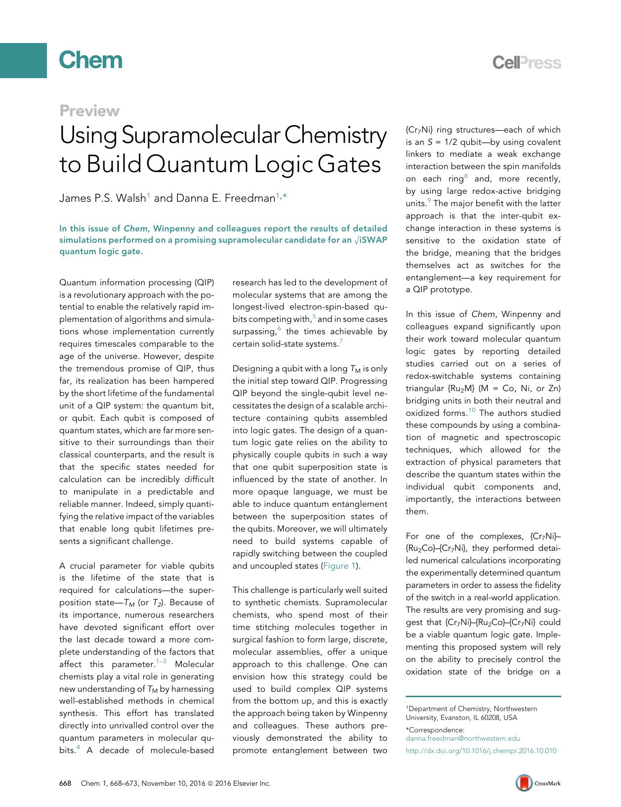 Using Supramolecular Chemistry to Build Quantum Logic Gates by James P.S. Walsh & Danna E. Freedman