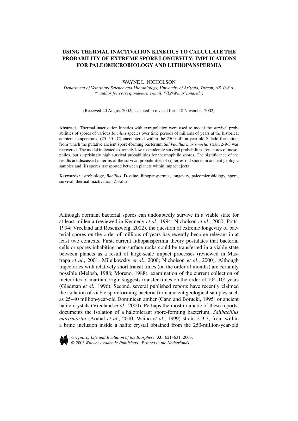Using Thermal Inactivation Kinetics to Calculate the Probability of Extreme Spore Longevity: Implications for Paleomicrobiology and Lithopanspermia by Unknown