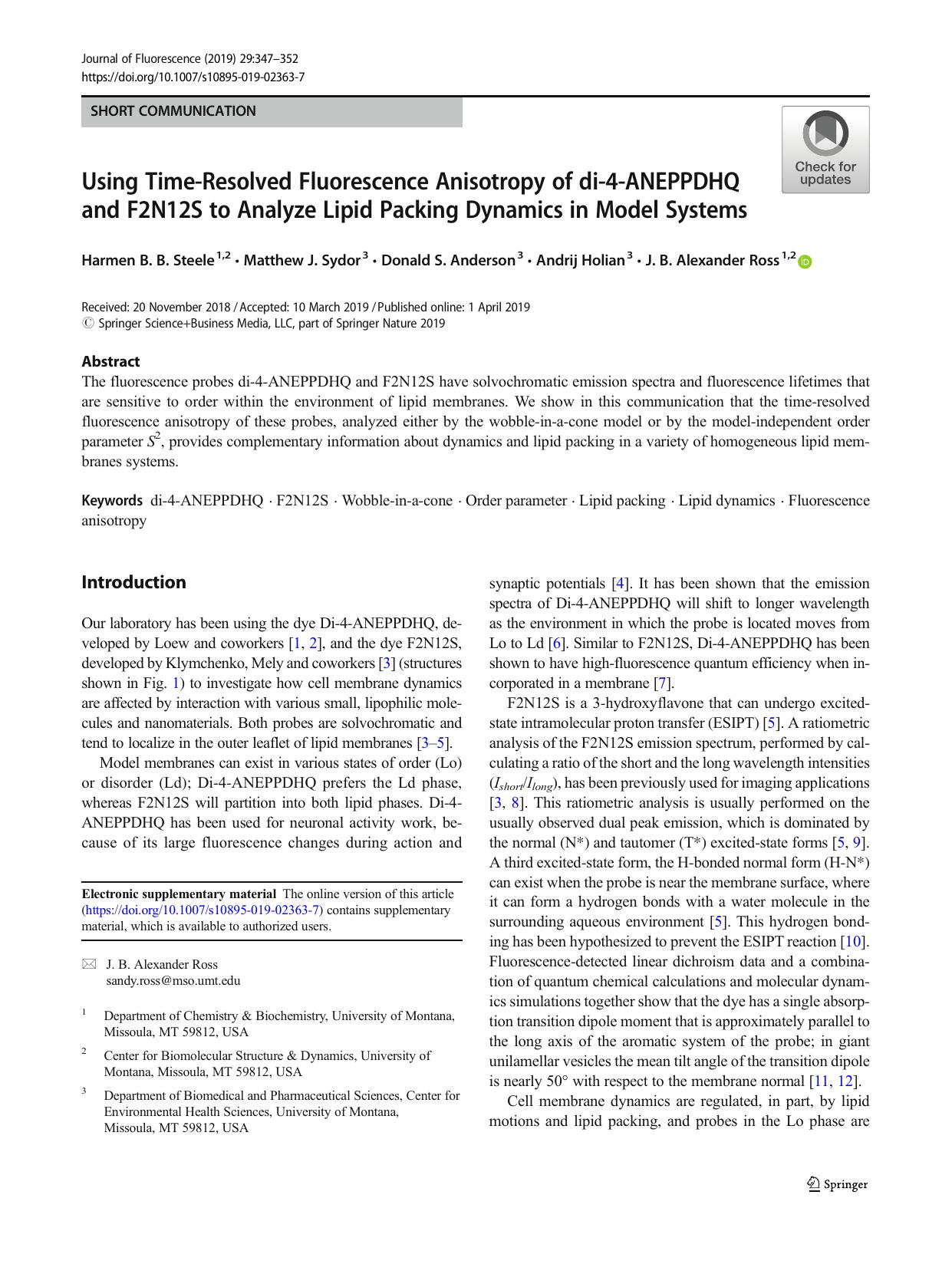 Using Time-Resolved Fluorescence Anisotropy of di-4-ANEPPDHQ and F2N12S to Analyze Lipid Packing Dynamics in Model Systems by Harmen B. B. Steele & Matthew J. Sydor & Donald S. Anderson & Andrij Holian & J. B. Alexander Ross