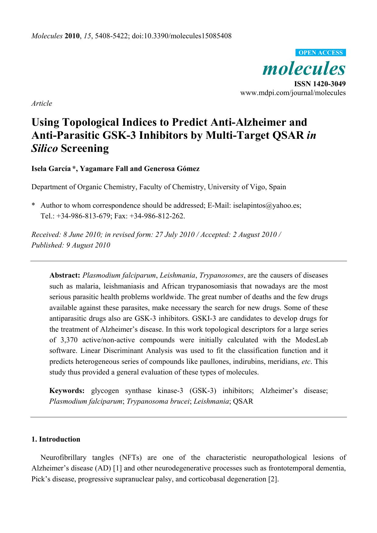 Using Topological Indices to Predict Anti-Alzheimer and by Isela García & Yagamare Fall & Generosa Gómez