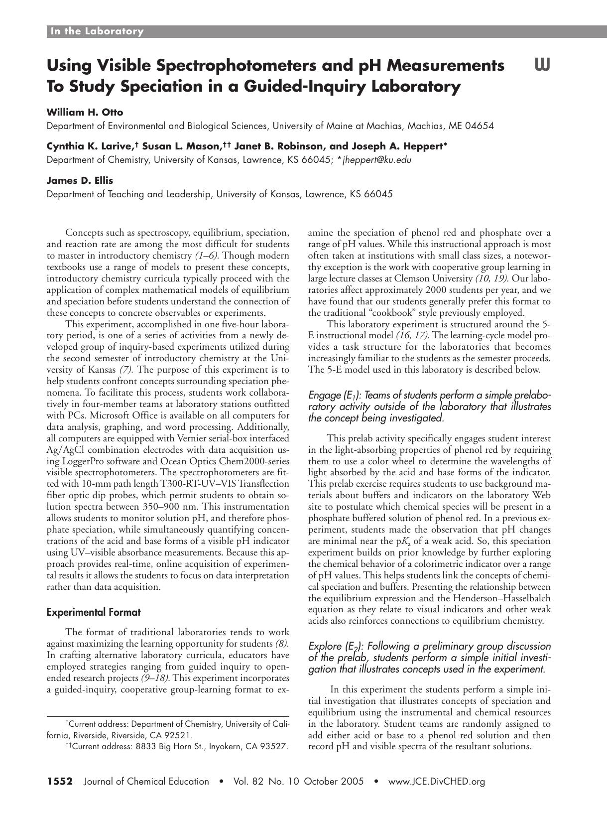 Using Visible Spectrophotometers and pH Measurements To Study Speciation in a Guided-Inquiry Laboratory by unknow