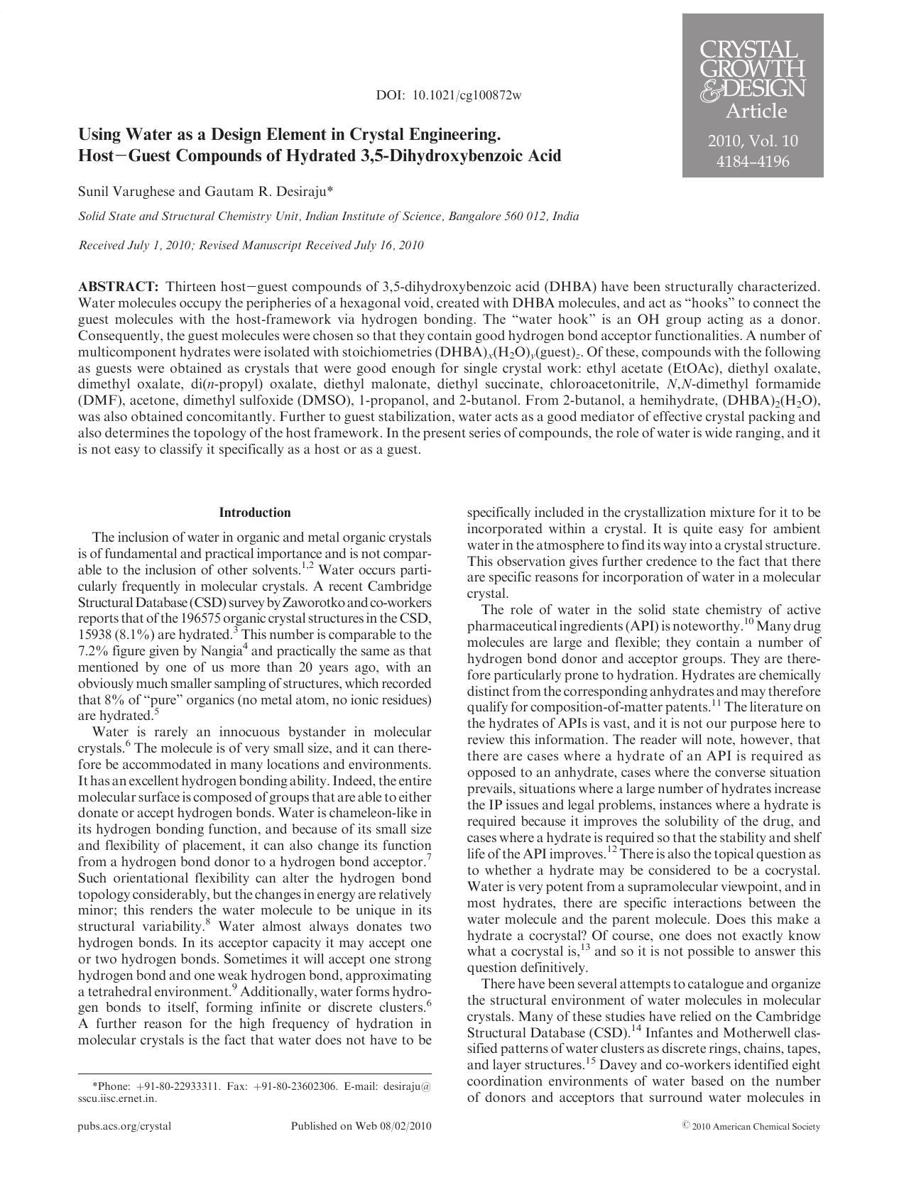 Using Water as a Design Element in Crystal Engineering. HostGuest Compounds of Hydrated 3,5-Dihydroxybenzoic Acid by Unknown