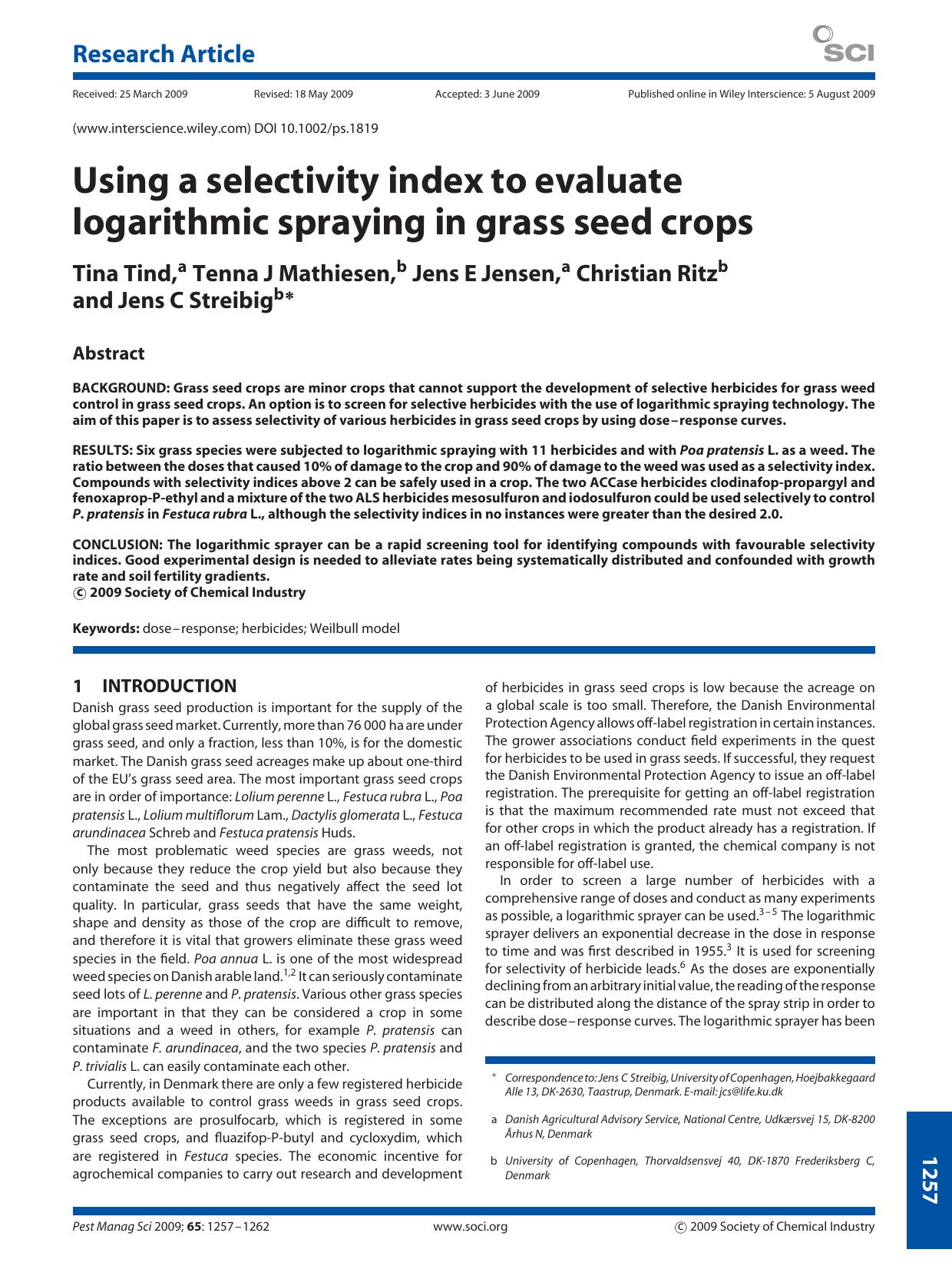 Using a selectivity index to evaluate logarithmic spraying in grass seed crops by Unknown