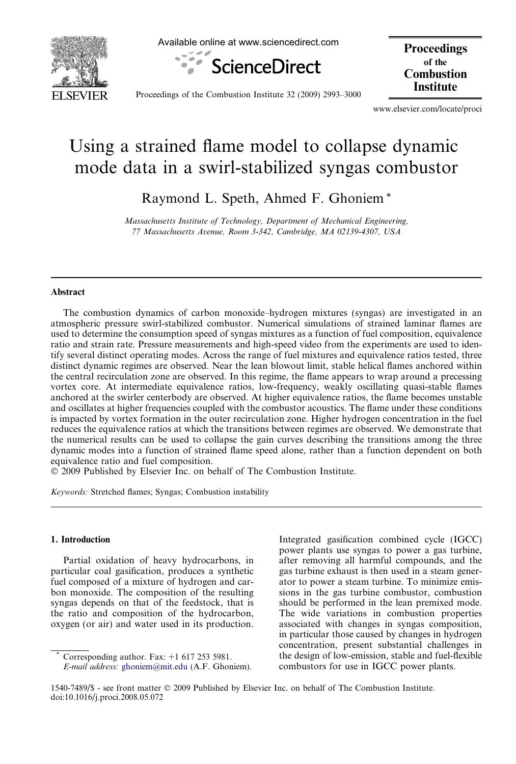 Using a strained flame model to collapse dynamic mode data in a swirl-stabilized syngas combustor by Raymond L. Speth; Ahmed F. Ghoniem