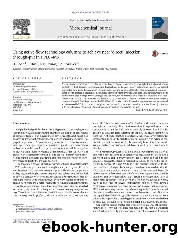 Using active flow technology columns to achieve near âdirectâ injection through-put in HPLCâMS by D. Kocic & S. Hua & G.R. Dennis & R.A. Shalliker