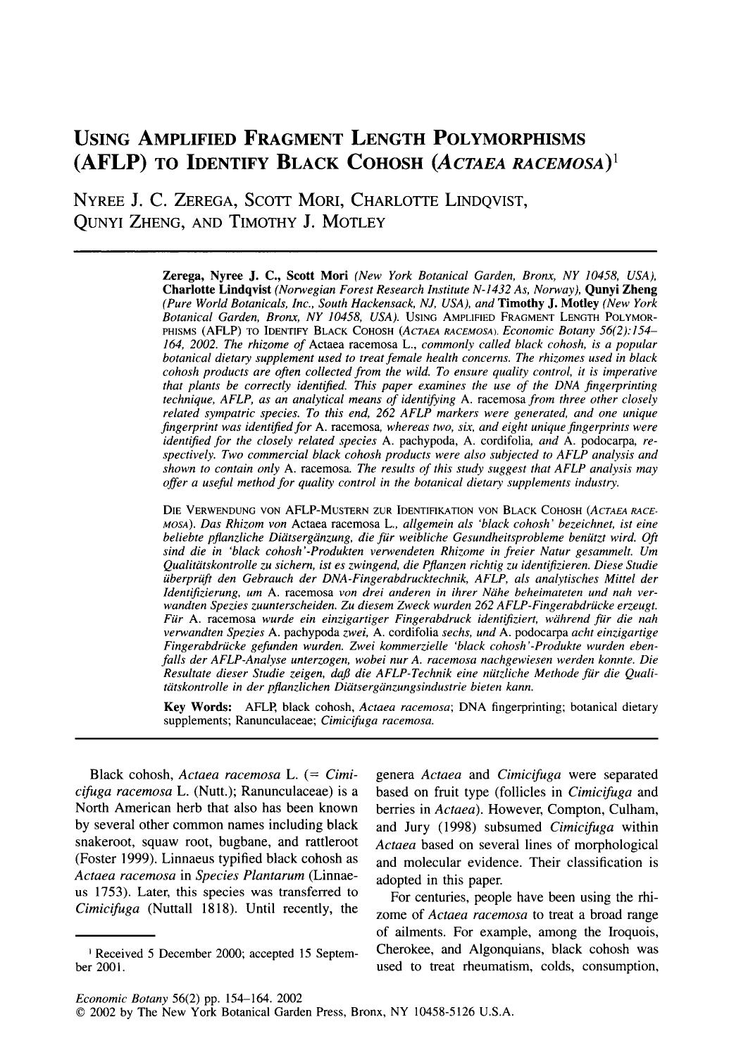 Using amplified fragment length polymorphisms (AFLP) to identify Black Cohosh (Actaea racemosa) by Unknown