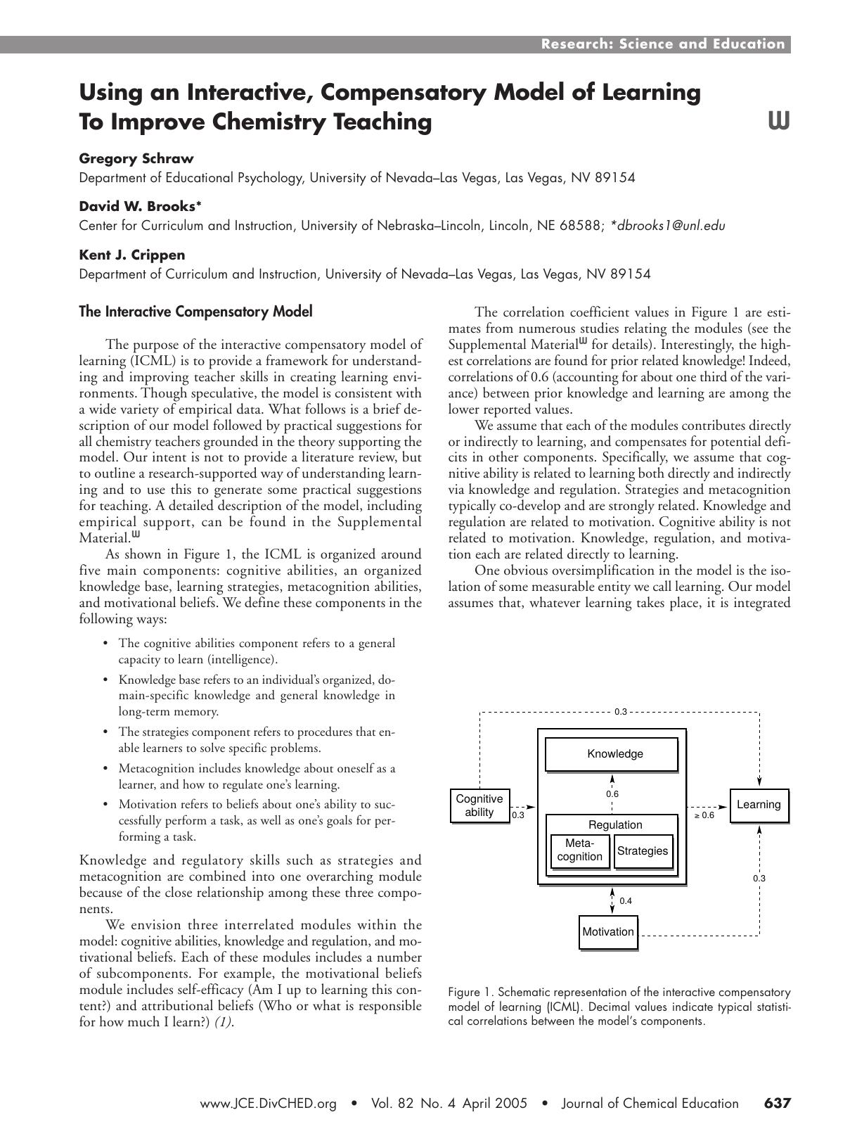Using an Interactive, Compensatory Model of Learning To Improve Chemistry Teaching by Gregory Schraw David W. Brooks & Kent J. Crippen