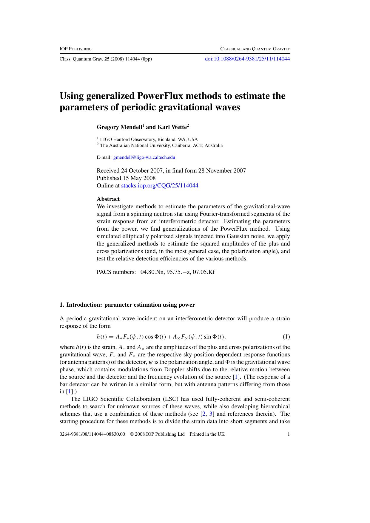 Using generalized PowerFlux methods to estimate the parameters of periodic gravitational waves by G Mendell and K Wette