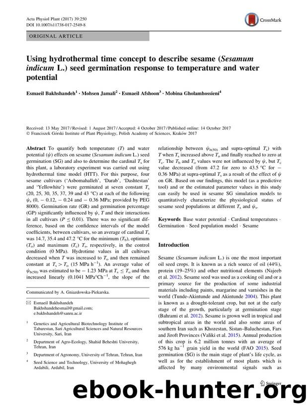 Using hydrothermal time concept to describe sesame (Sesamum indicum L.) seed germination response to temperature and water potential by Esmaeil Bakhshandeh & Mohsen Jamali & Esmaeil Afshoon & Mobina Gholamhossieni