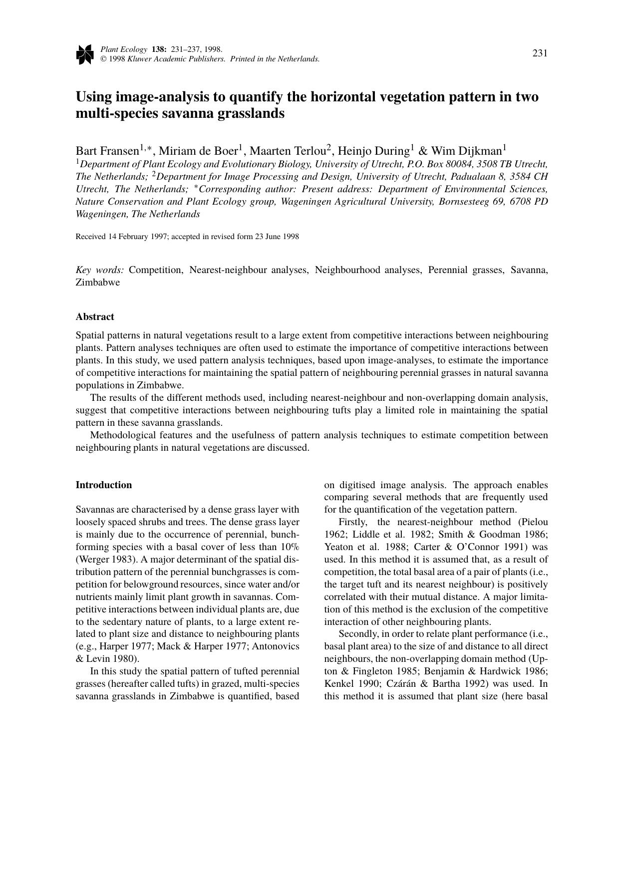 Using image-analysis to quantify the horizontal vegetation pattern in two multi-species savanna grasslands by Unknown