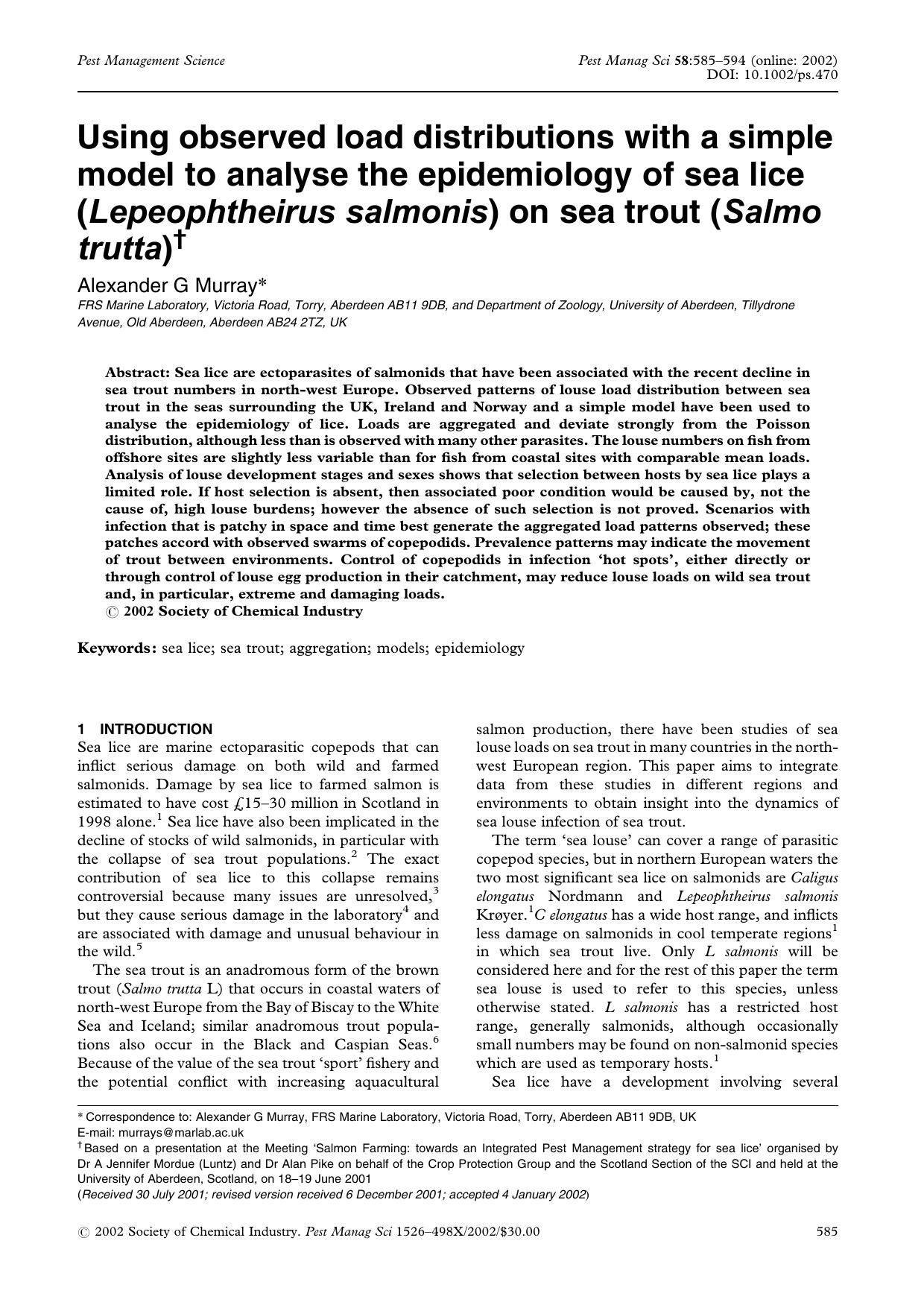 Using observed load distributions with a simple model to analyse the epidemiology of sea lice (Lepeophtheirus salmonis) on sea trout (Salmo trutta) by Unknown
