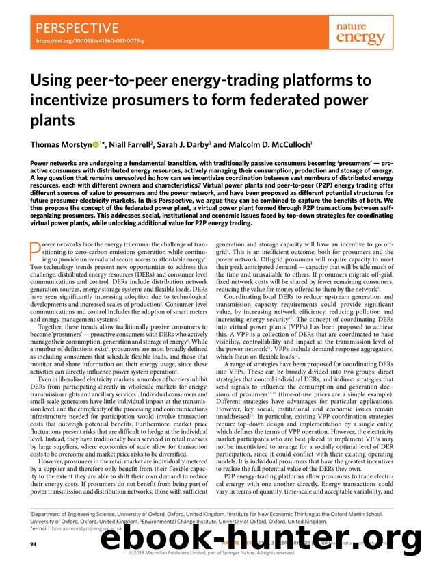 Using peer-to-peer energy-trading platforms to incentivize prosumers to form federated power plants by Thomas Morstyn & Niall Farrell & Sarah J. Darby & Malcolm D. McCulloch