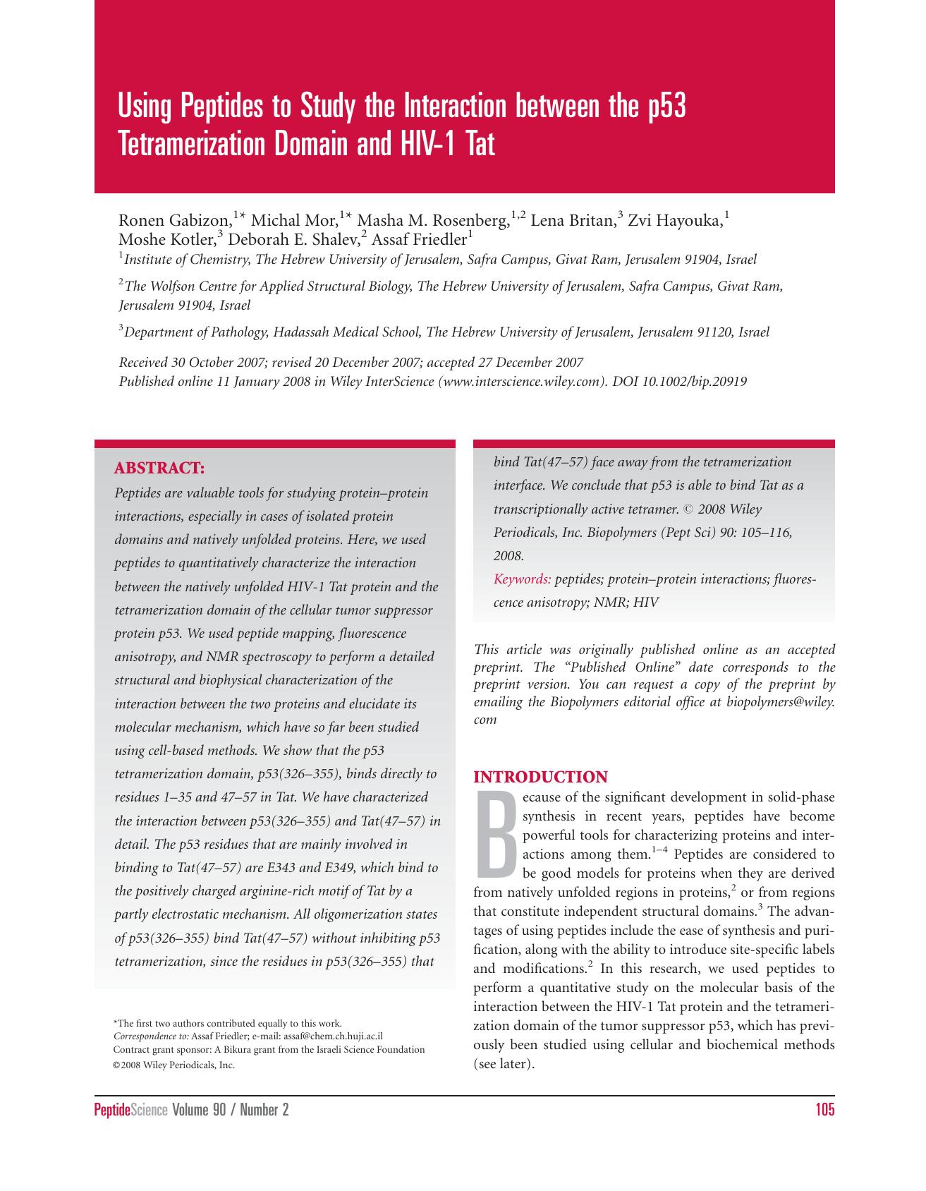 Using peptides to study the interaction between the p53 tetramerization domain and HIV-1 tat by Unknown