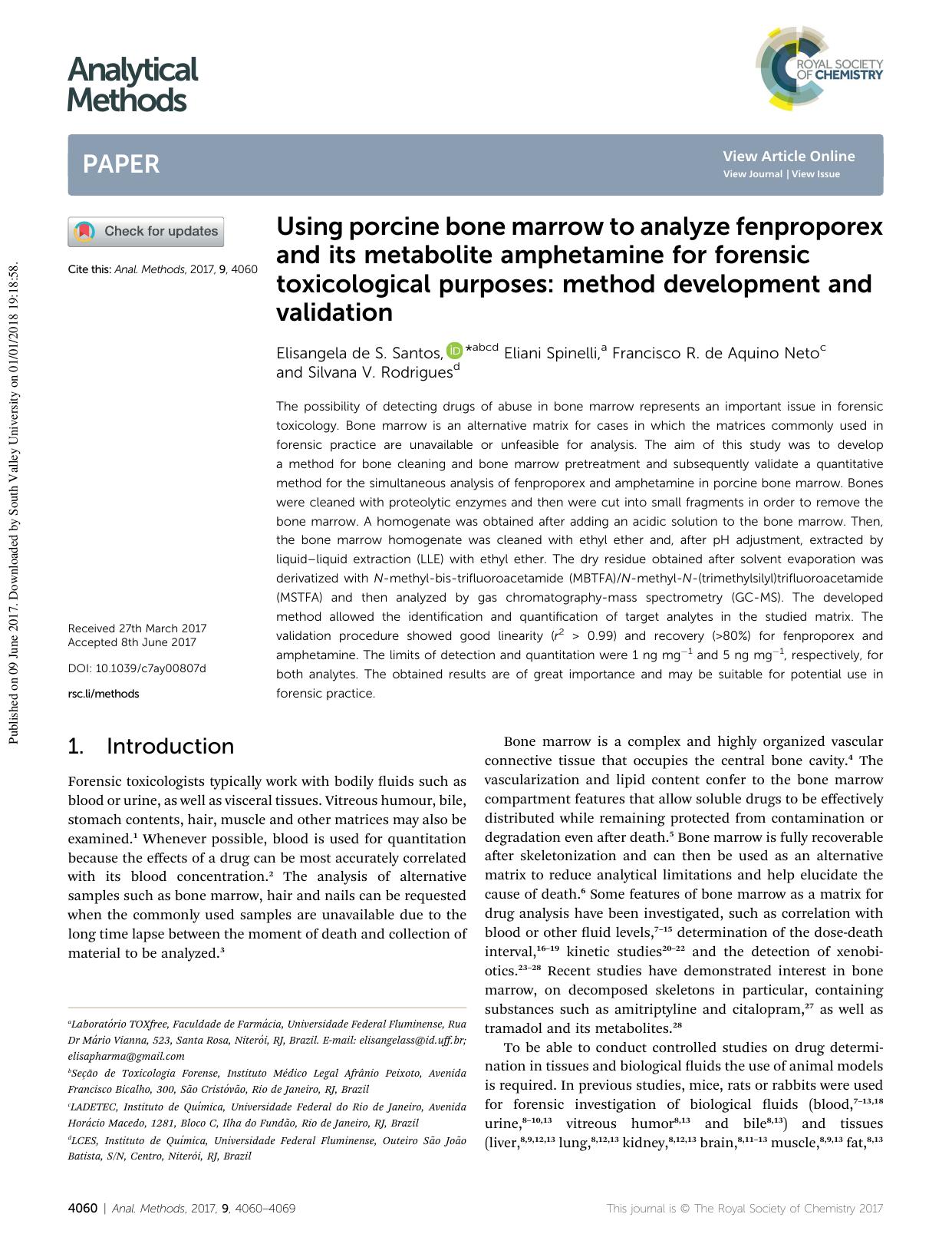 Using porcine bone marrow to analyze fenproporex and its metabolite amphetamine for forensic toxicological purposes: method development and validation by Elisangela de S. Santos & Eliani Spinelli & Francisco R. de Aquino Neto & Silvana V. Rodrigues