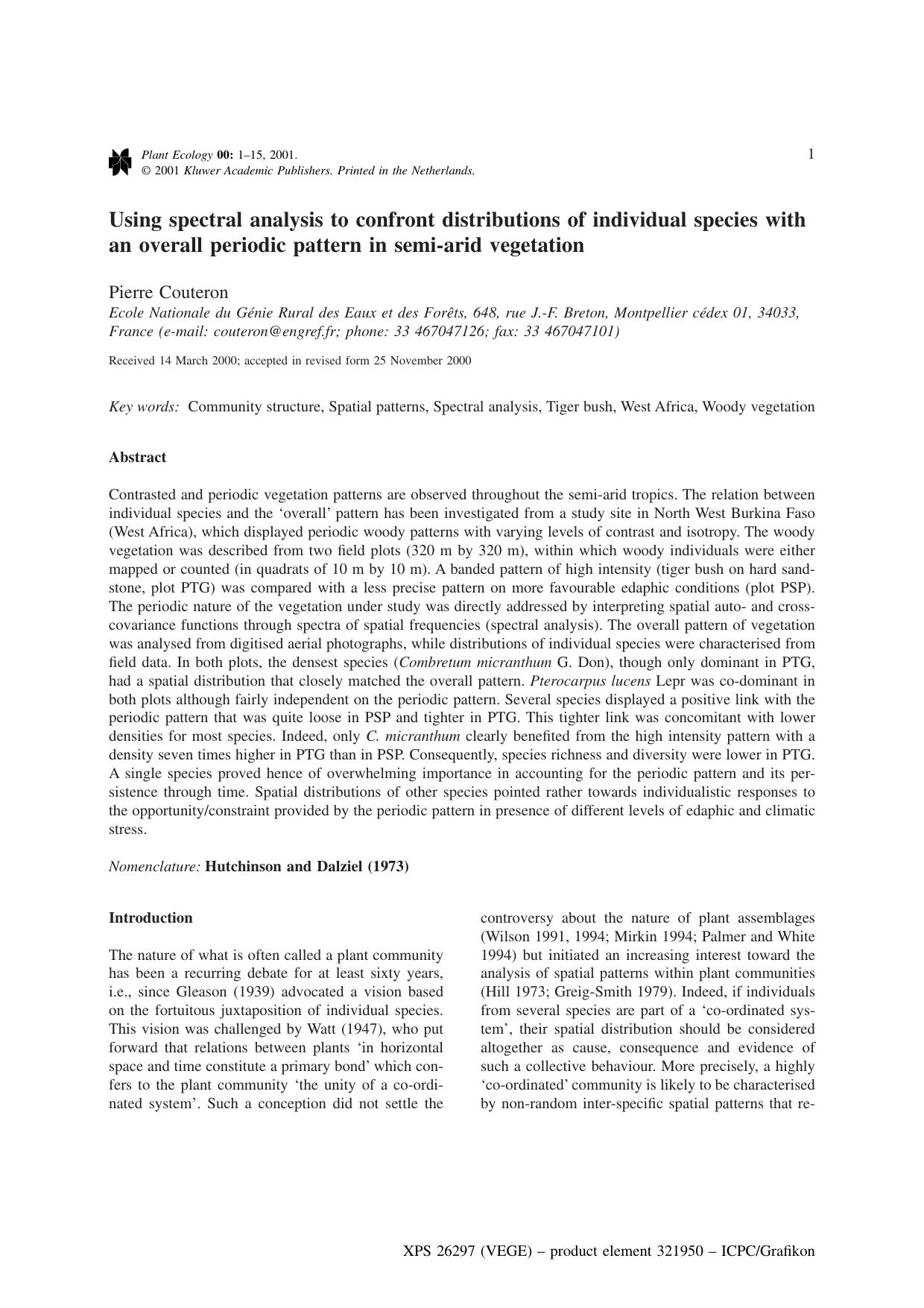 Using spectral analysis to confront distributions of individual species with an overall periodic pattern in semi-arid vegetation by Unknown