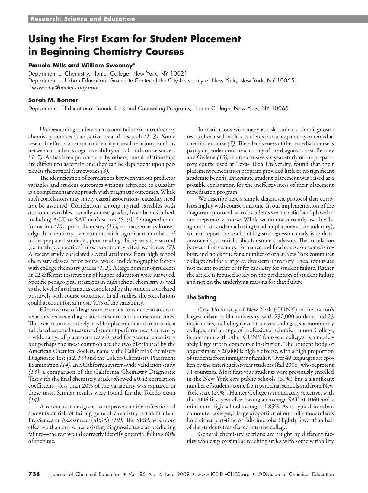 Using the First Exam for Student Placement in Beginning Chemistry Courses by Pamela A. Mills William V. Sweeney and Sarah M. Bonner