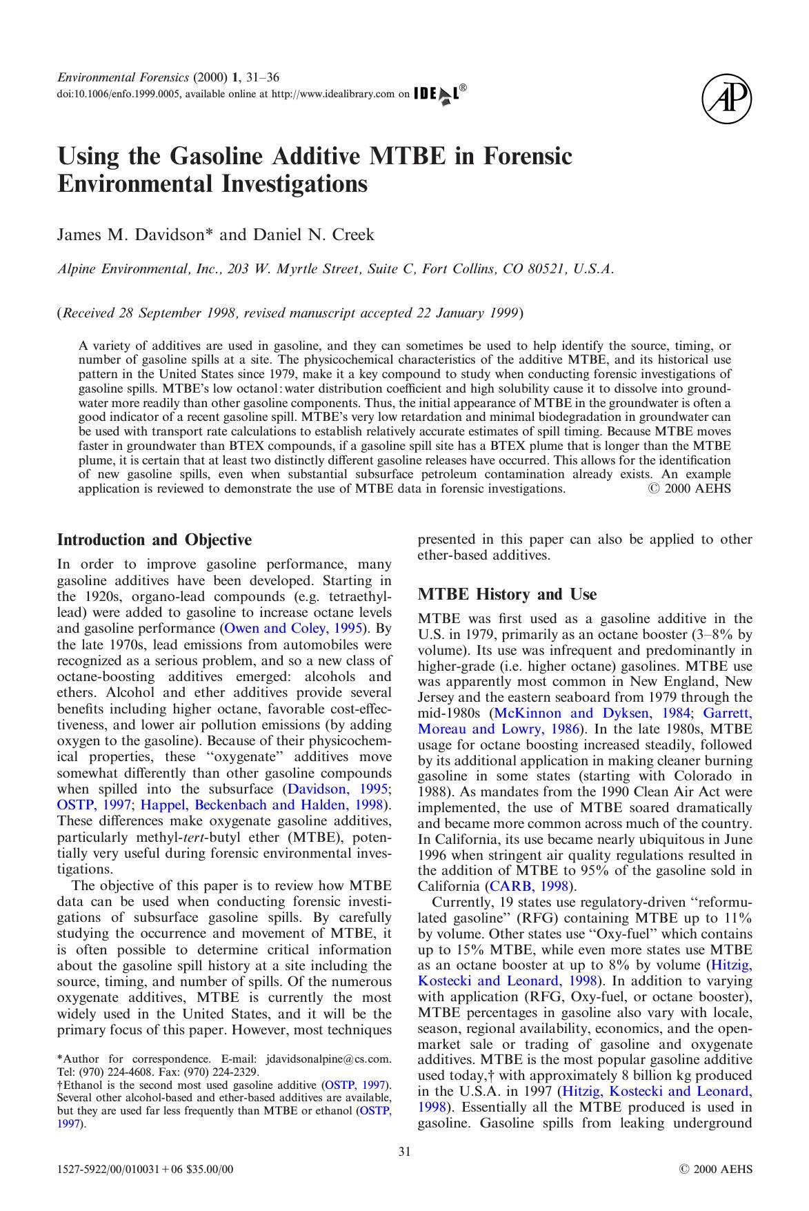 Using the Gasoline Additive MTBE in Forensic Environmental Investigations by Davidson J. M. & Creek D. N