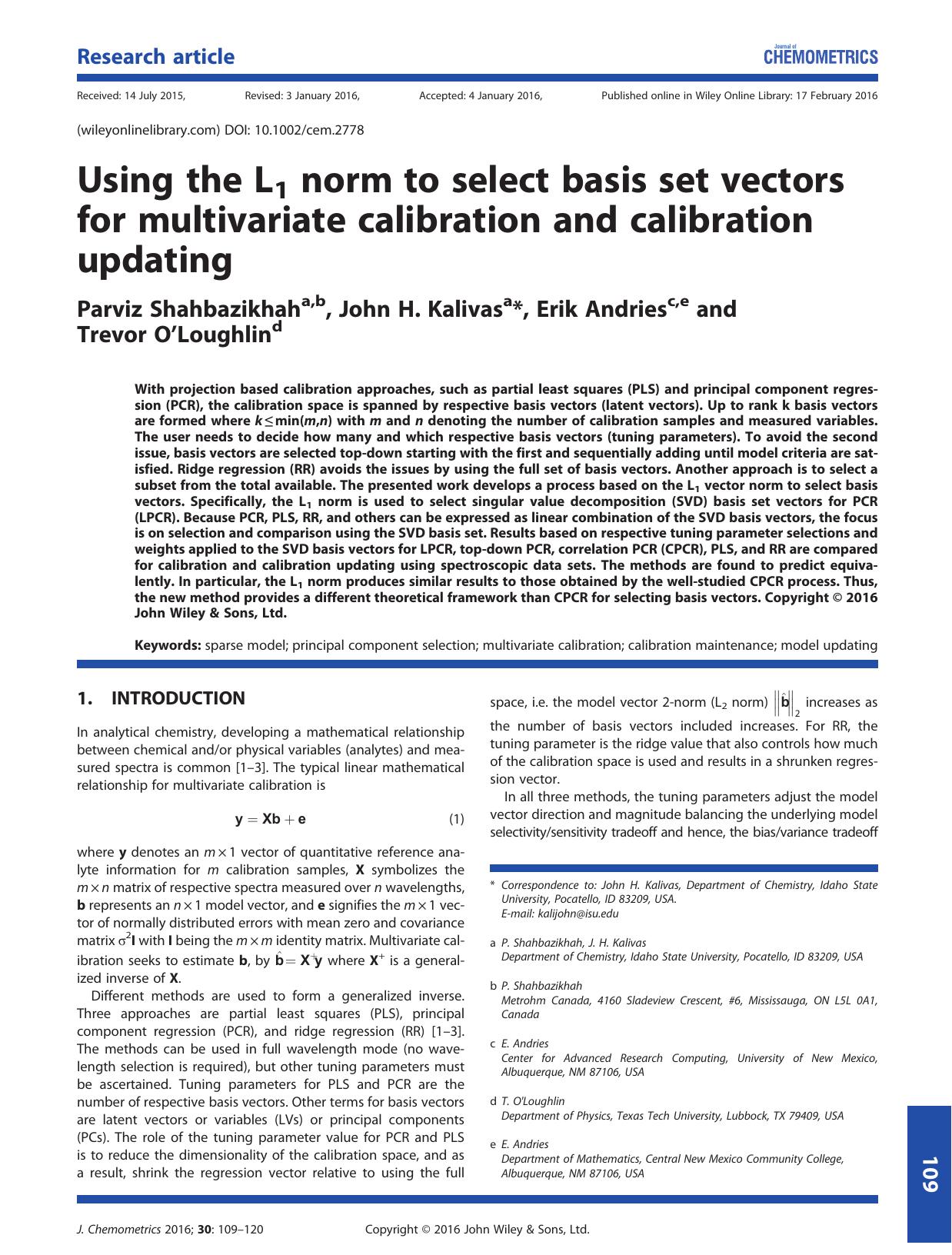 Using the L1 norm to select basis set vectors for multivariate calibration and calibration updating by Parviz Shahbazikhah John H. Kalivas Erik Andries Trevor O'Loughlin
