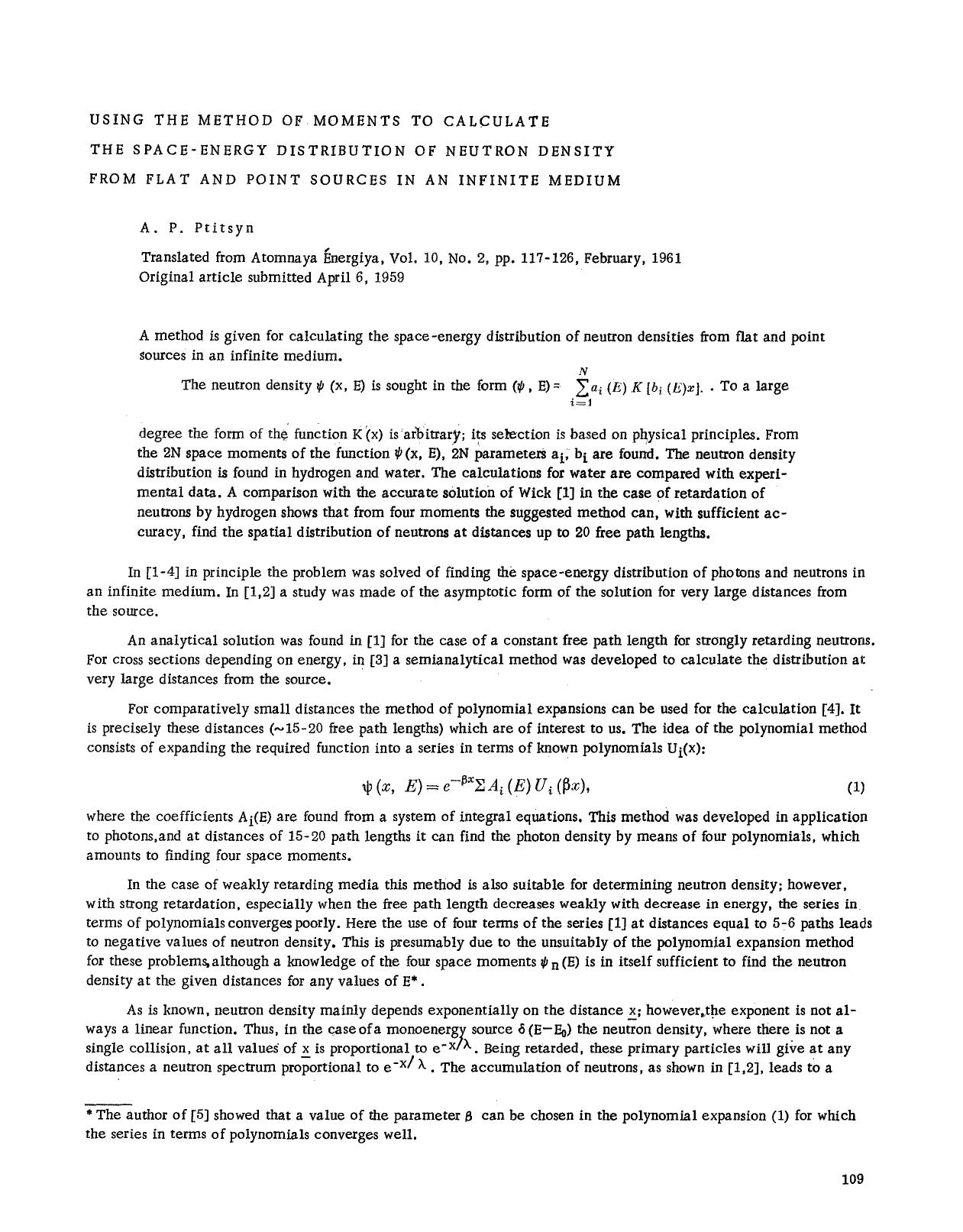 Using the method of moments to calculate the space-energy distribution of neutron density from flat and point sources in an infinite medium by Unknown