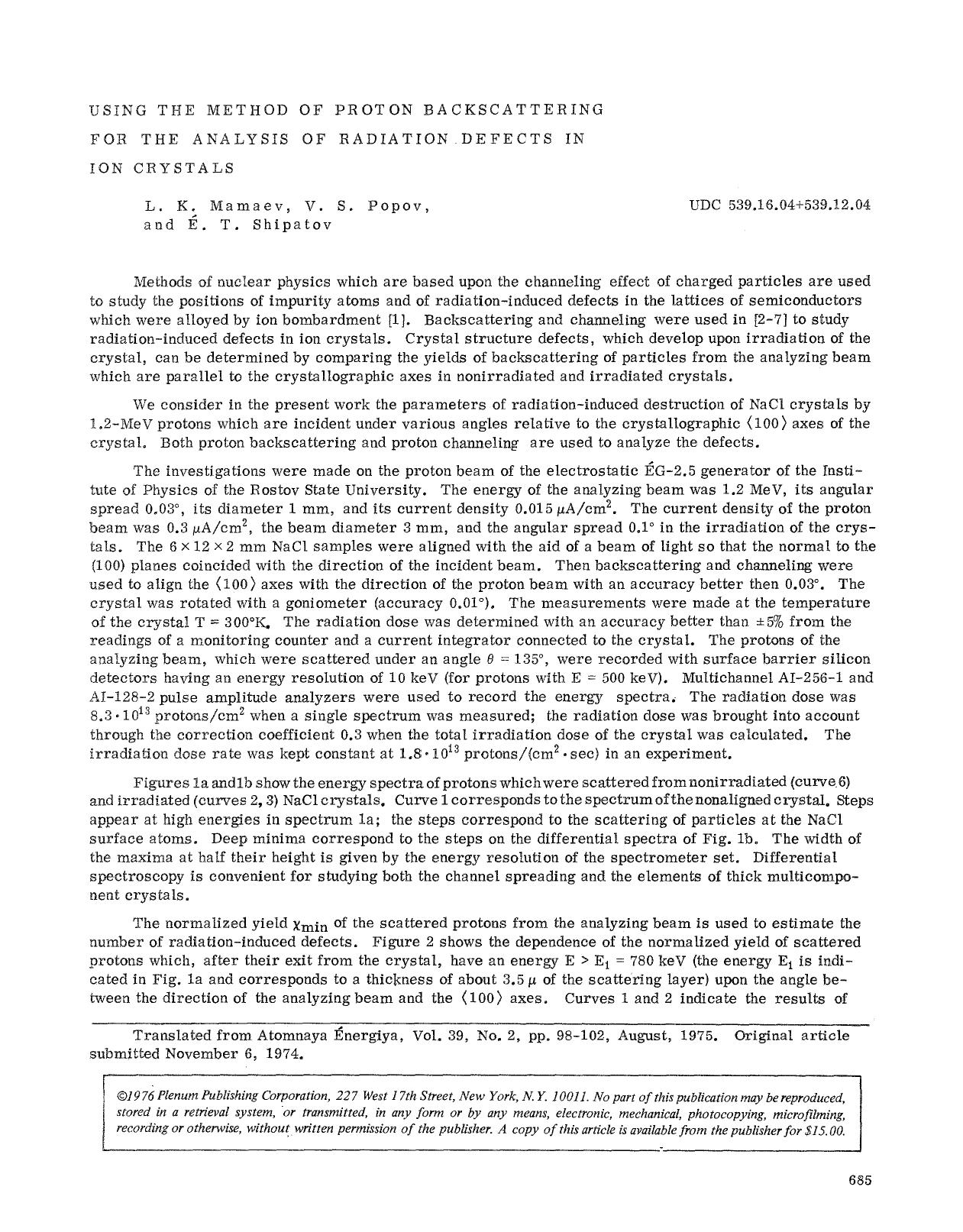 Using the method of proton backscattering for the analysis of radiation defects in ion crystals by Unknown