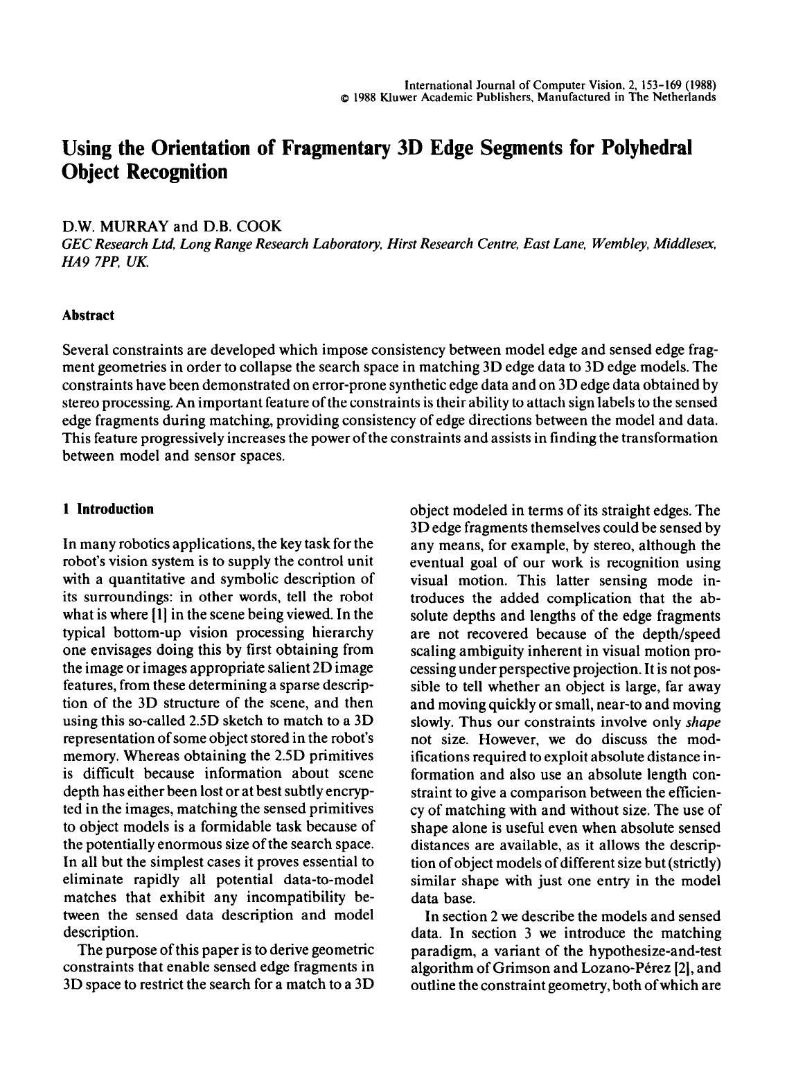 Using the orientation of fragmentary 3D edge segments for polyhedral object recognition by Unknown