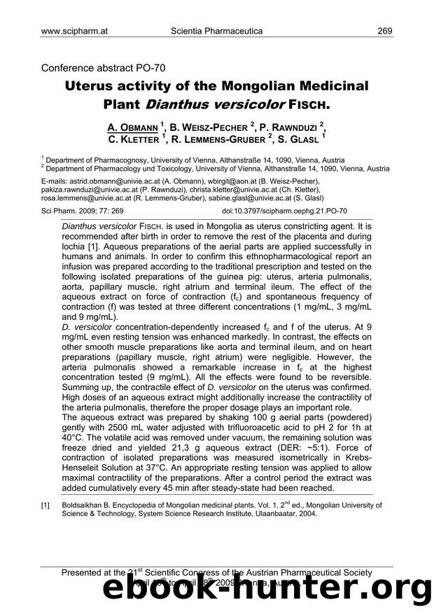 Uterus activity of the Mongolian Medicinal Plant Dianthus versicolor FISCH. by A. OBMANN & B. WEISZ-PECHER & P. RAWNDUZI & C. KLETTER & R. LEMMENS-GRUBER & S. GLASL