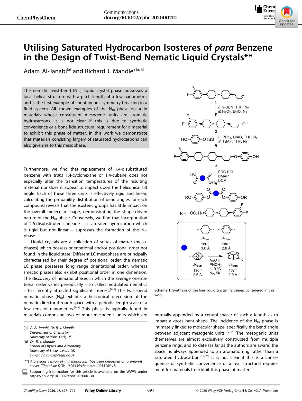 Utilising Saturated Hydrocarbon Isosteres of para Benzene in the Design of TwistâBend Nematic Liquid Crystals by Unknown